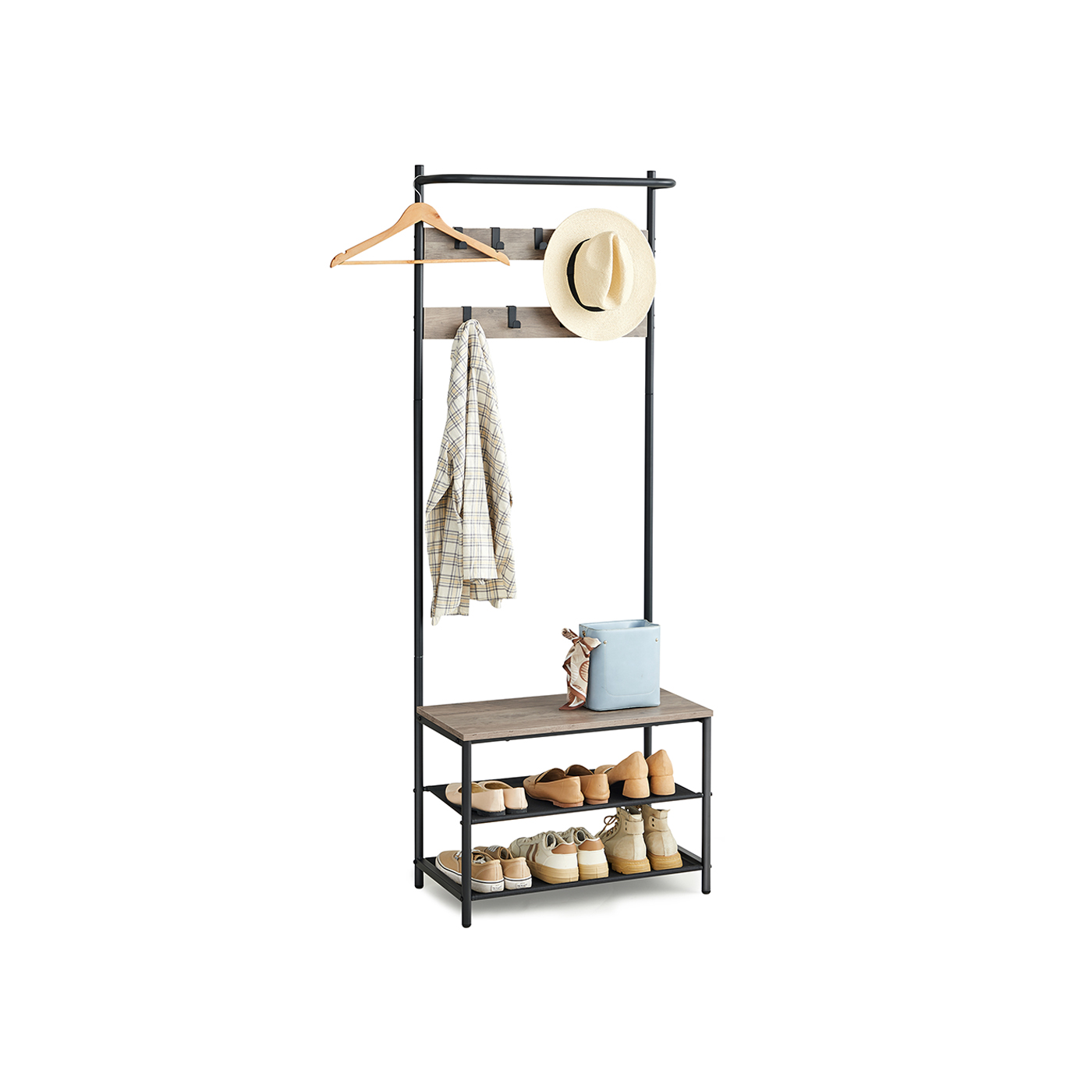 Hall Tree - VELRO Industrial Shoe Bench with 9 Hooks and Overhead Bar - Black - Indigo Home