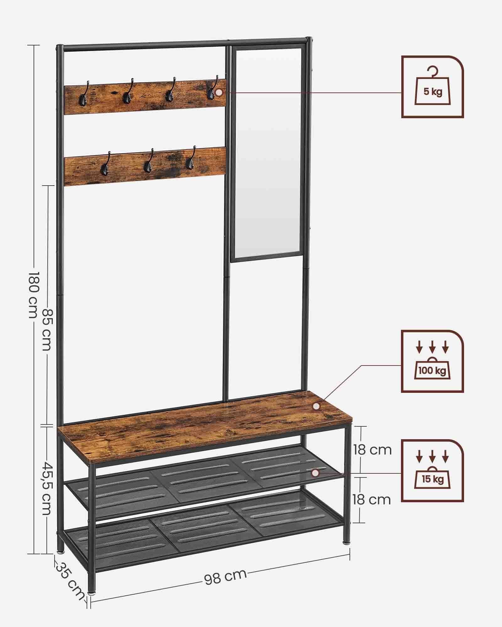 Coat Rack - VELRO Shoe Storage Mirror Rack - Rustic Brown - Indigo Home
