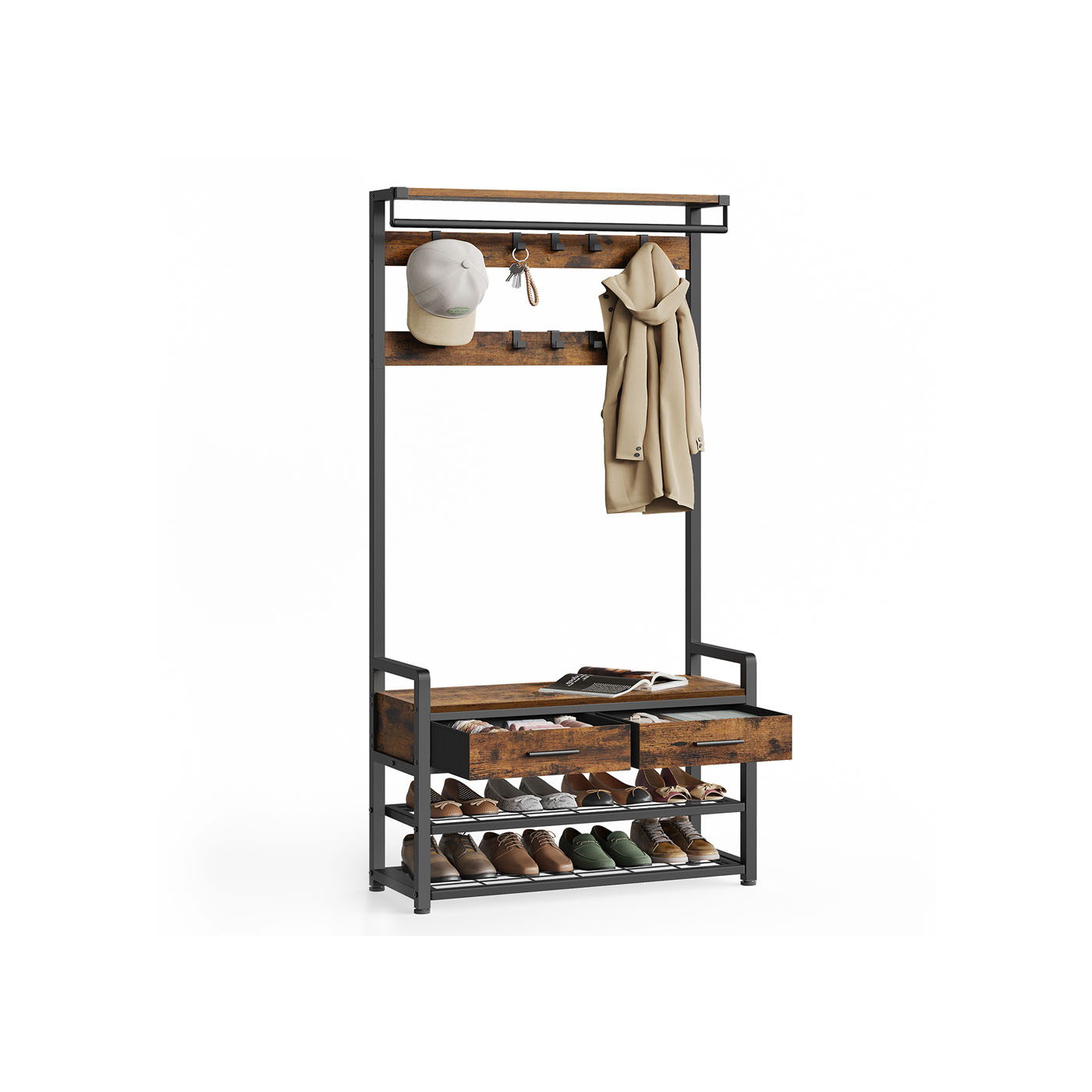 Coat Rack - VELRO Coat Rack with Shoe Bench - Brown - Indigo Home