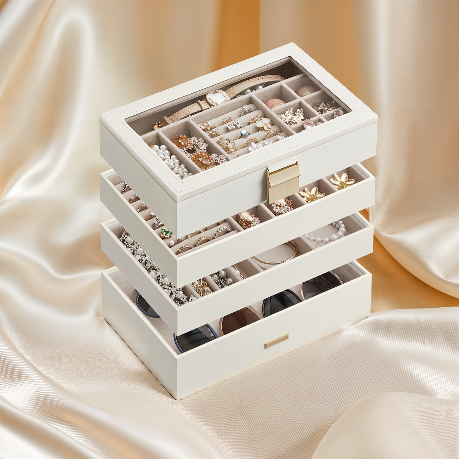 Jewellery Box - VERRIA 4 Tier Stackable Trays with Drawer - White - Indigo Home