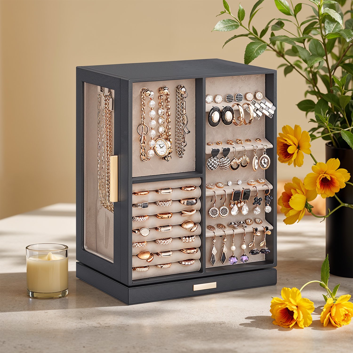 Jewellery Box - VERRIA Spin Rotating Organizer with 5 Drawer - Grey - Indigo Home
