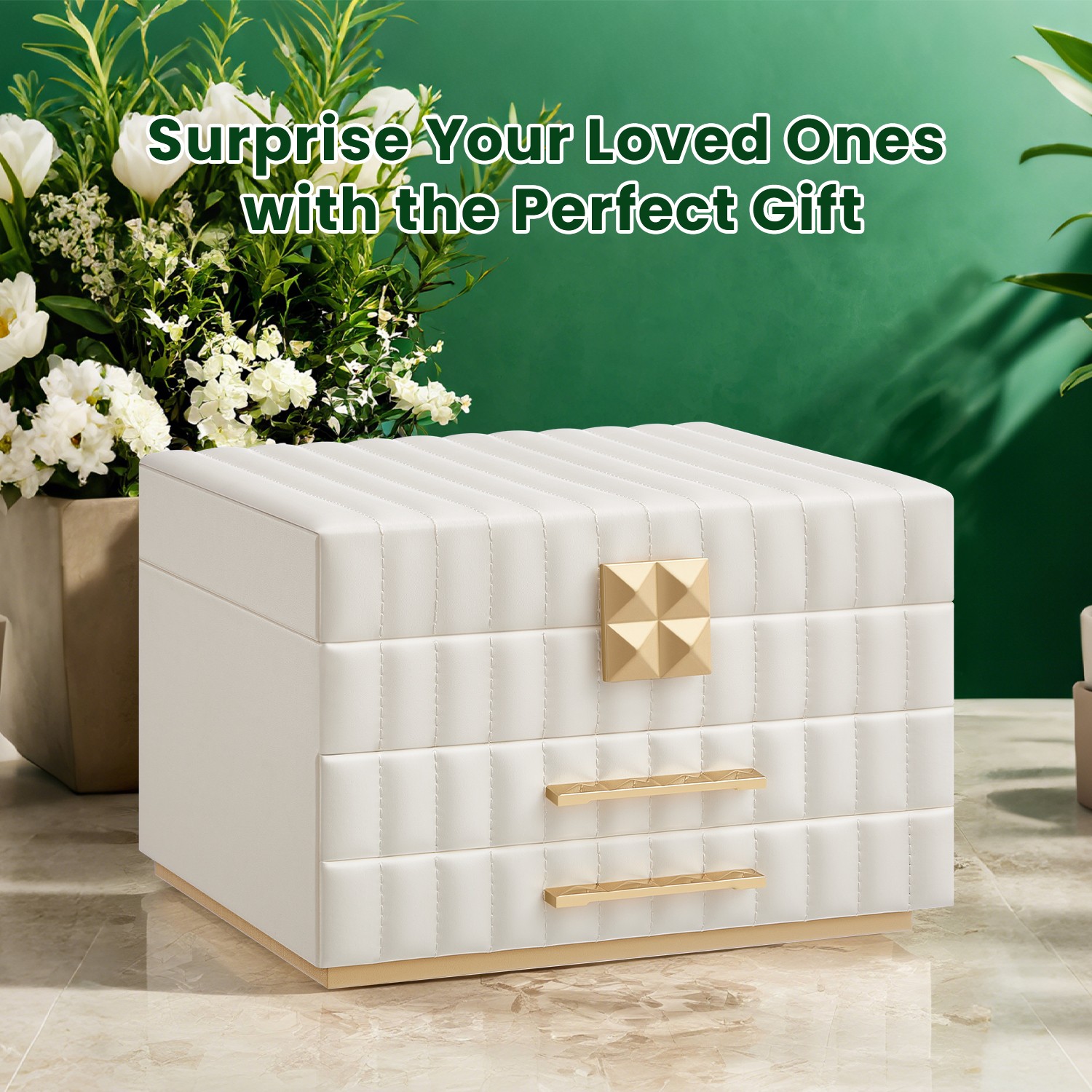 Jewellery Box - VERRIA 3 Tier Organizer with Mirror and 2 Drawers PU Surface - White - Indigo Home