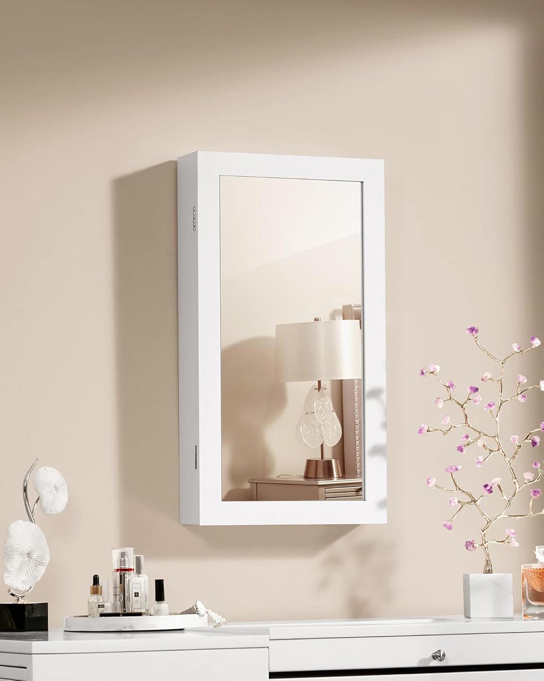 Jewellery Cabinet - VERRIA Lockable Wall Mounted Armoire with Mirror - White - Indigo Home
