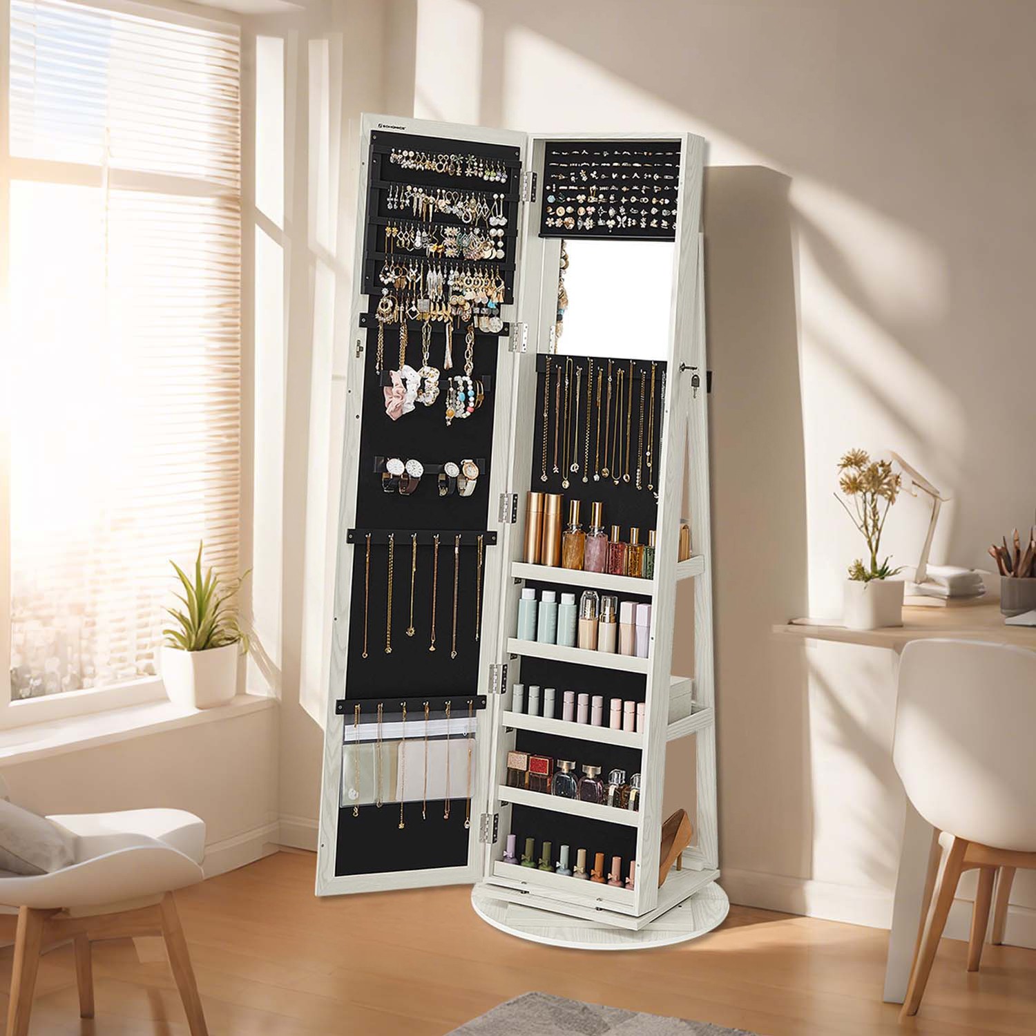 Jewellery Cabinet - VERRIA Freestanding Organizer with Full-Length Mirror Spin Swivel - White - Indigo Home