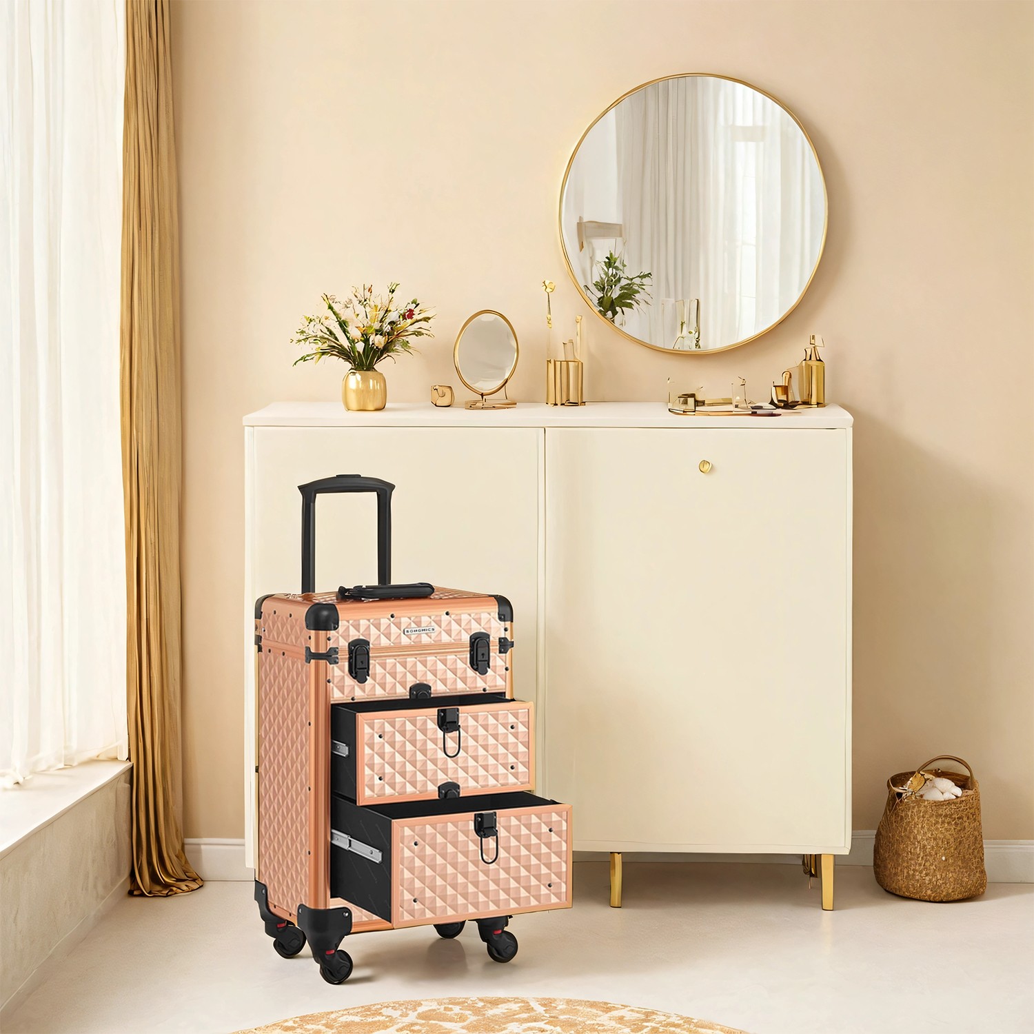 Makeup Trolley - VERRIA Beauty Case on Wheels with 2 Drawer - Pink - Indigo Home
