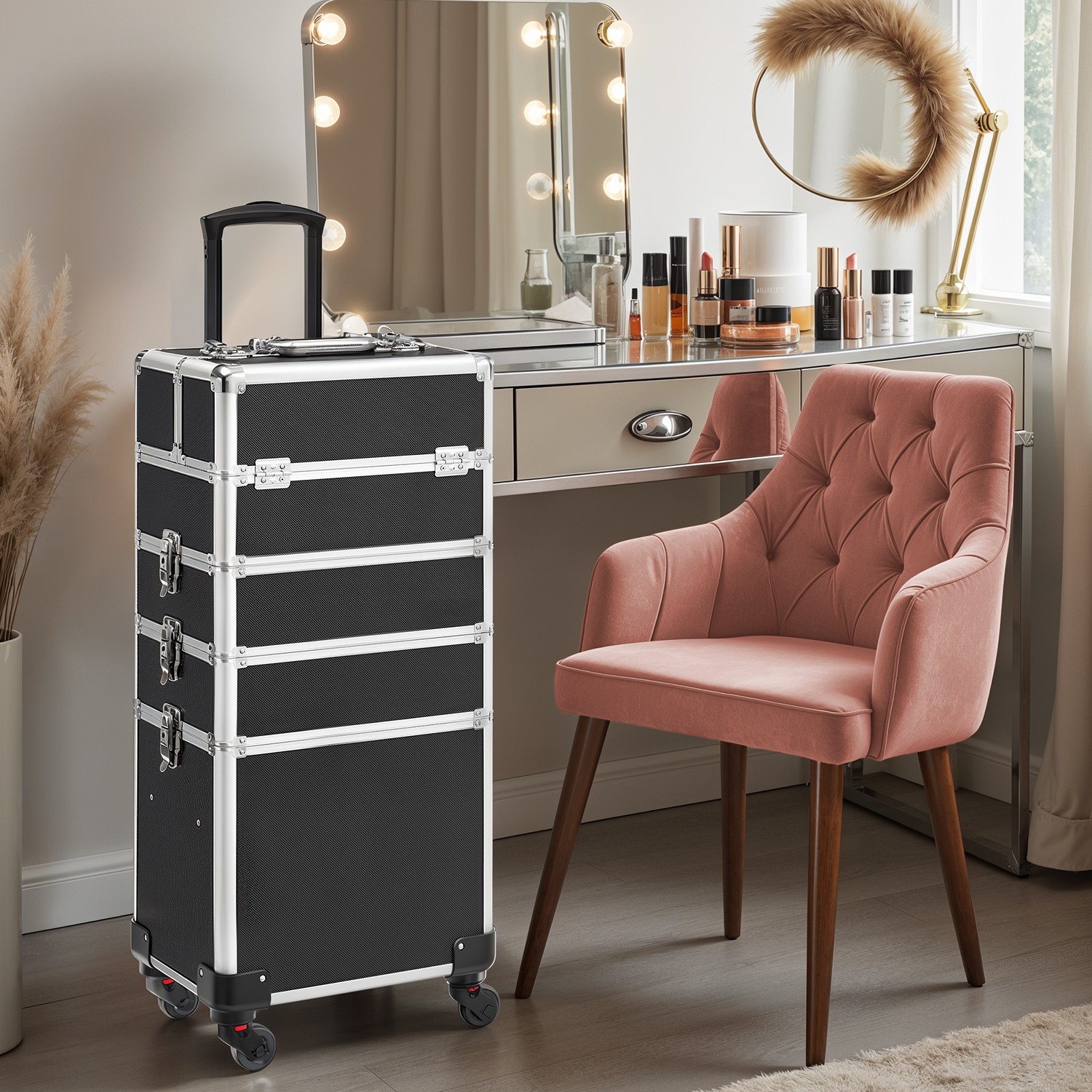 Makeup Trolley - VERRIA 4-in-1 Lockable Rolling Case with Wheels - Black - Indigo Home