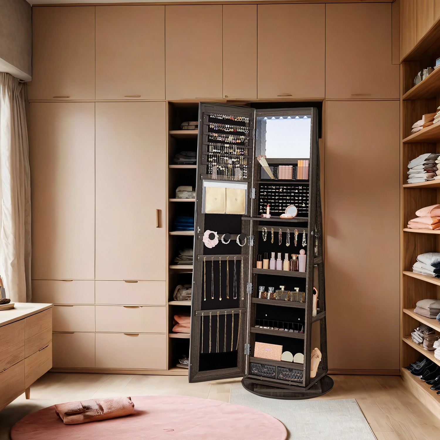 Jewellery Cabinet - VERRIA Swivel Lockable Mirror Organizer Frameless Full Length - Ash Brown - Indigo Home