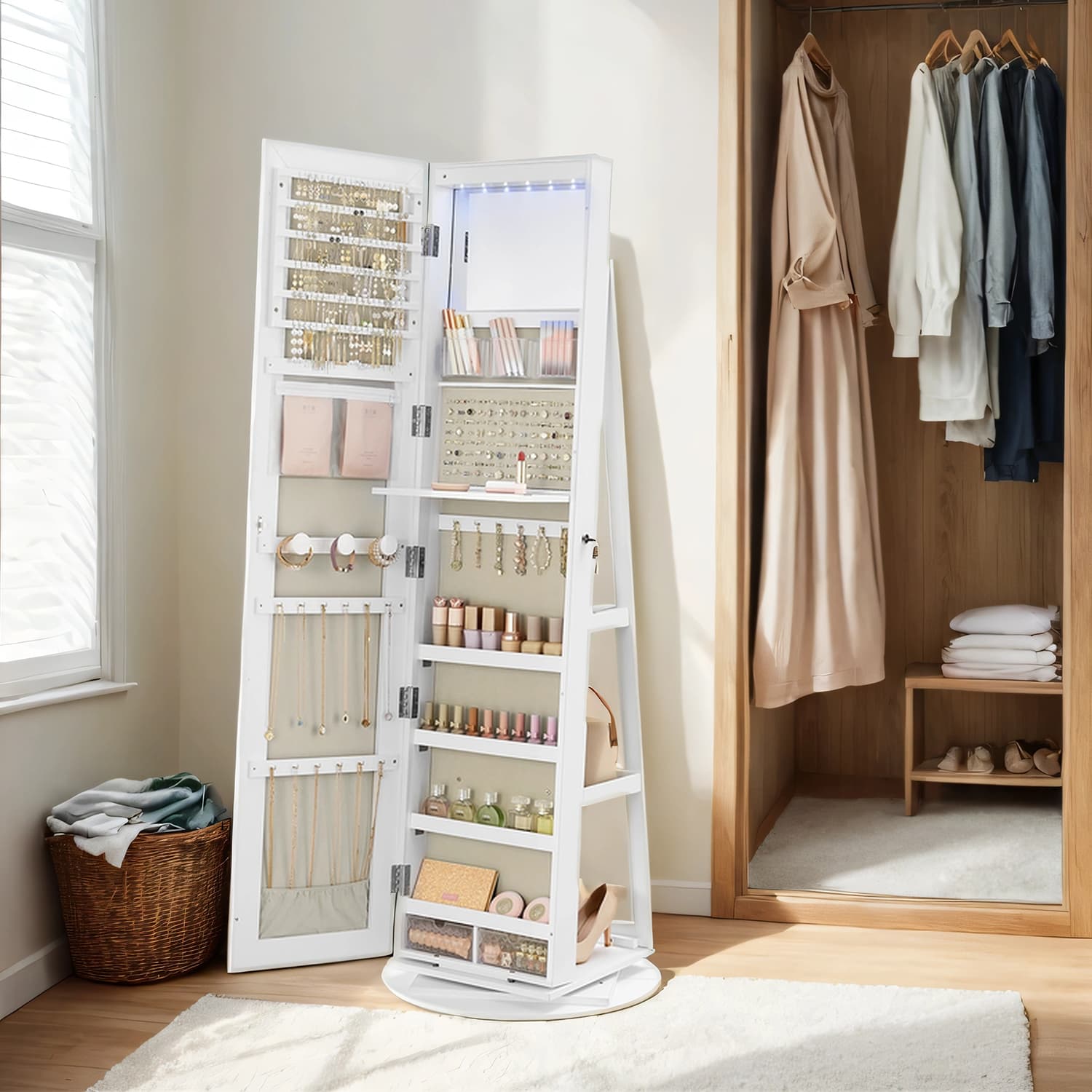 Jewellery Cabinet - VERRIA Swivel Lockable Mirror Organizer Frameless - White - Indigo Home