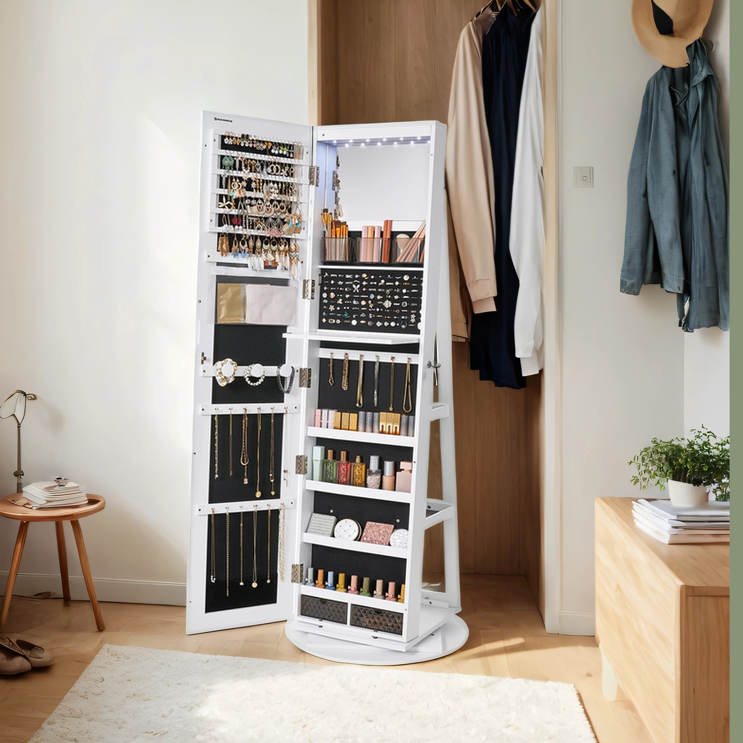 Jewellery Cabinet - VERRIA Swivel Lockable Mirror Organizer Frameless Full Length - Black - Indigo Home