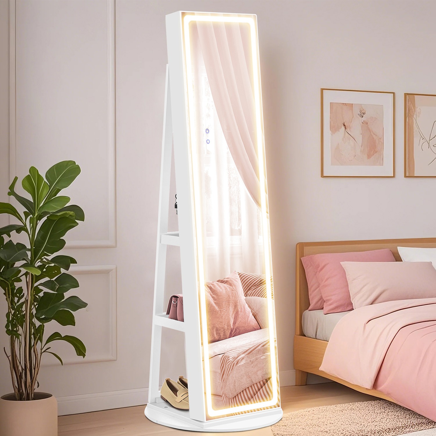 Jewellery Cabinet - VERRIA Standing LED Mirror Armoire Lockable Full-Length - White - Indigo Home