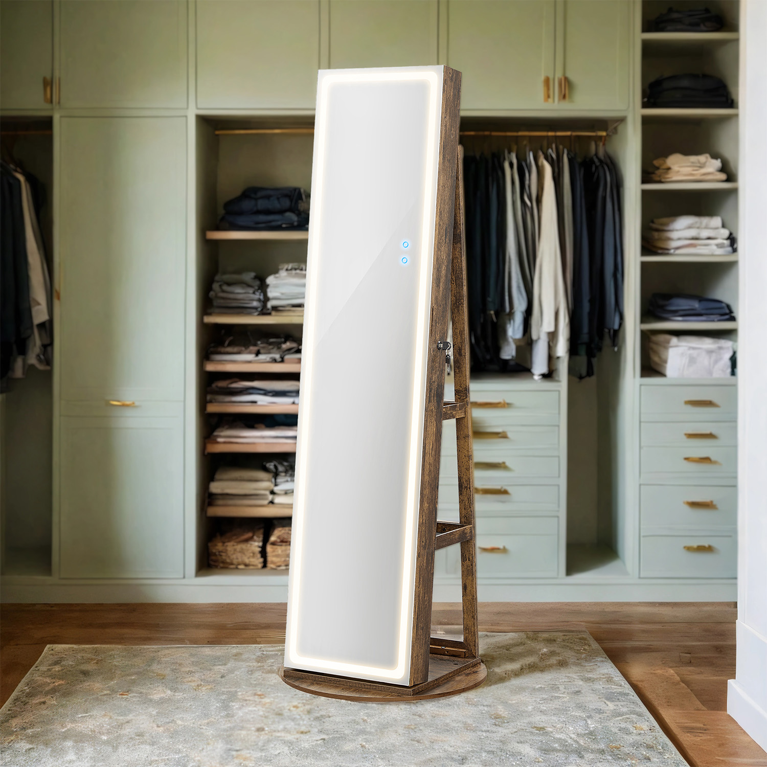 Jewellery Cabinet - VERRIA Standing LED Mirror Armoire Lockable Full-Length - Brown - Indigo Home