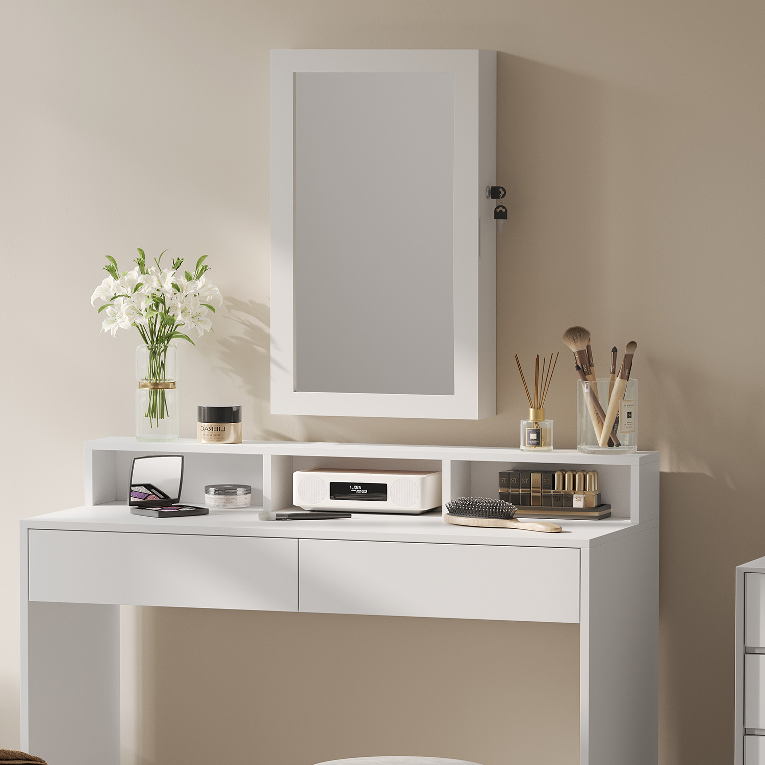 Jewellery Cabinet - VERRIA Lockable Wall Mounted Armoire with Mirror Space Saving - White - Indigo Home