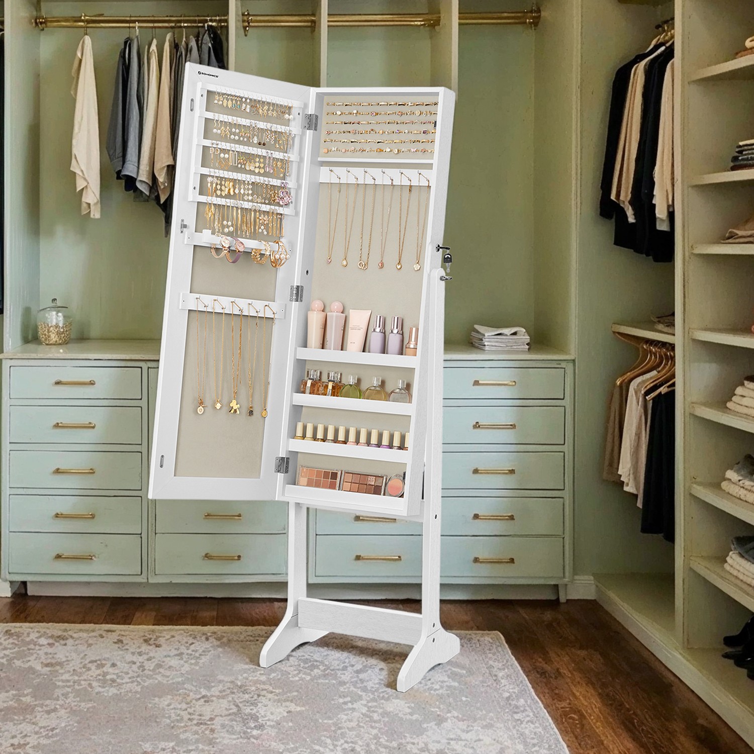 Jewellery Cabinet - VERRIA Standing Armoire with Mirror Lockable Organizer - White - Indigo Home