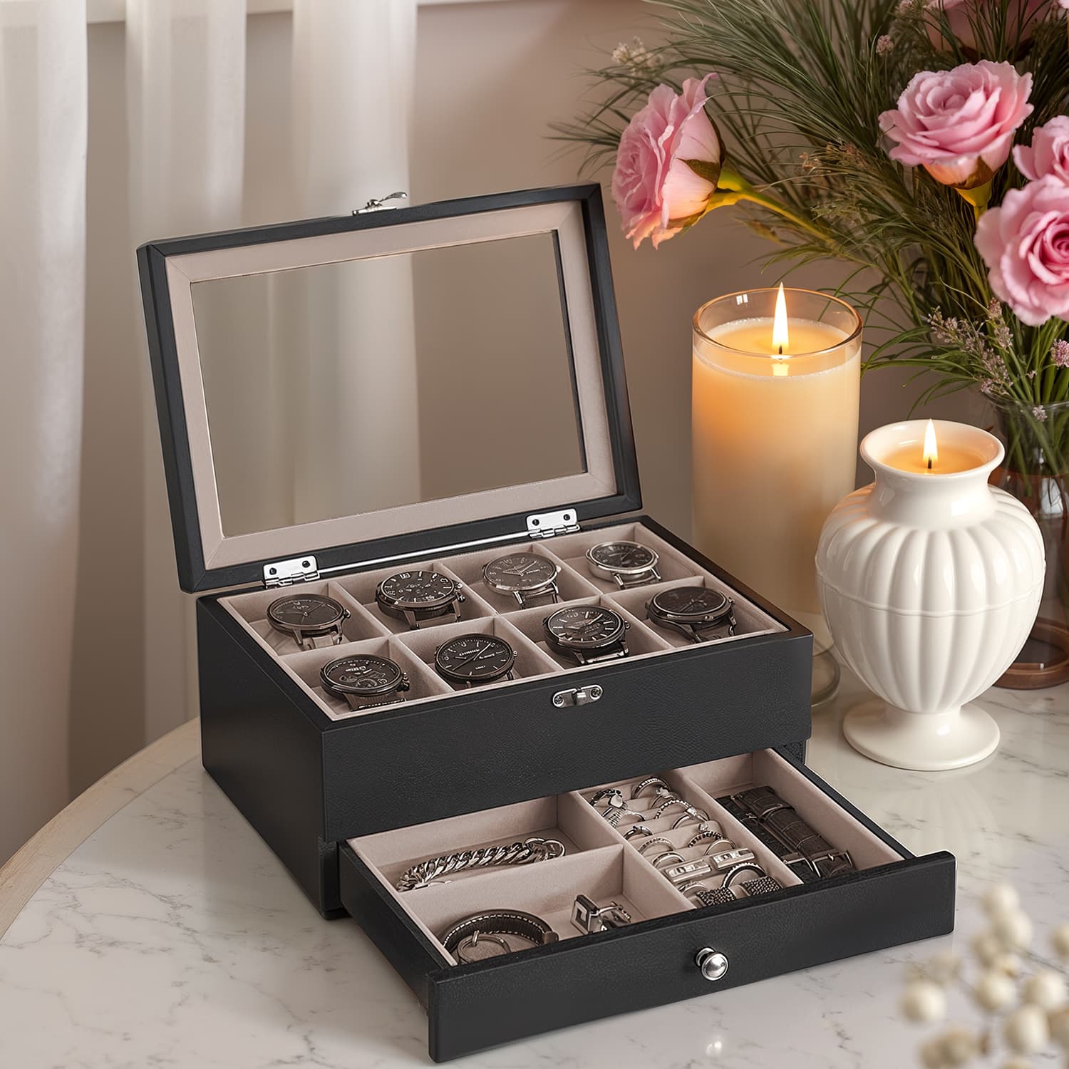 Watch Box - VERRIA 8 Slots Wood Organizer with Glass Lid - Black - Indigo Home