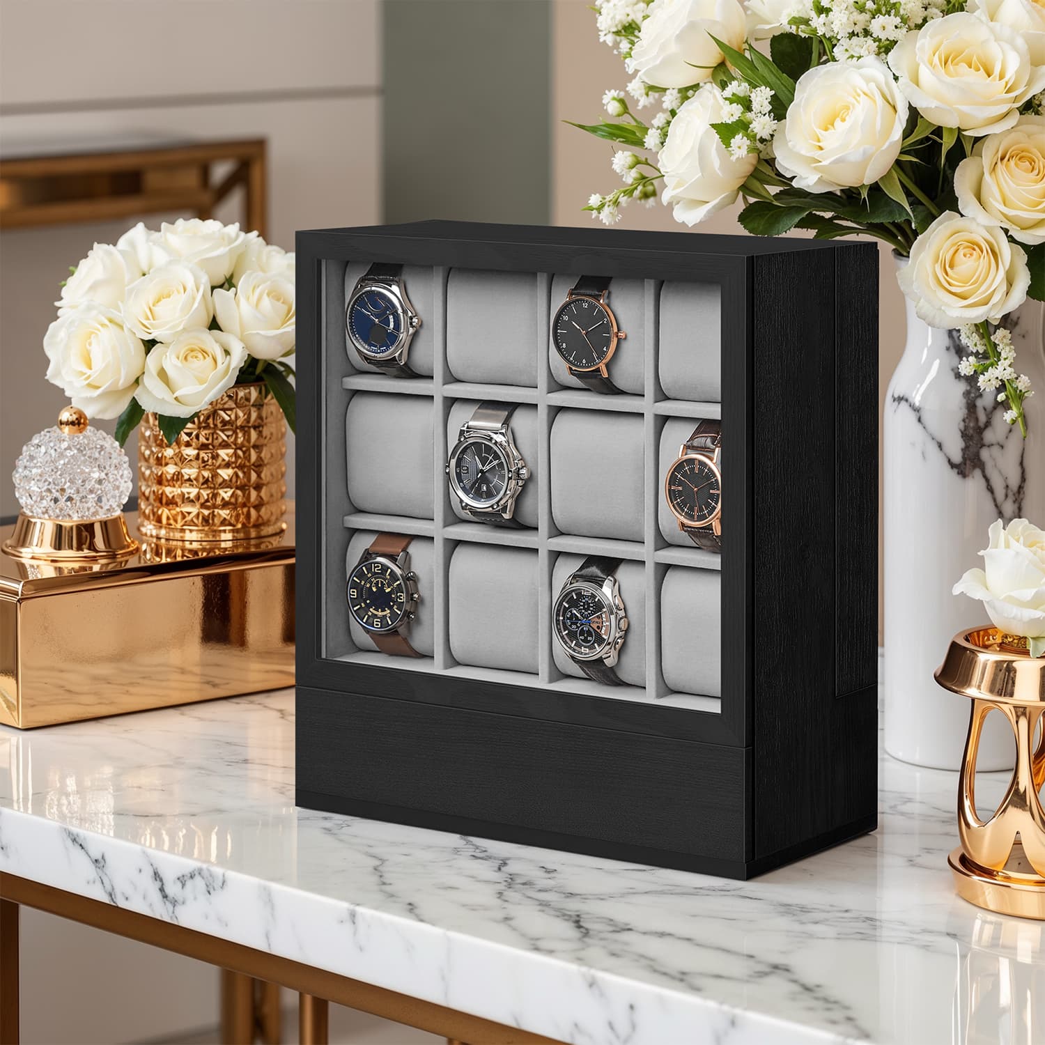 Watch Box - VERRIA 12 Slots Wooden Organizer with Glass Window - Black - Indigo Home