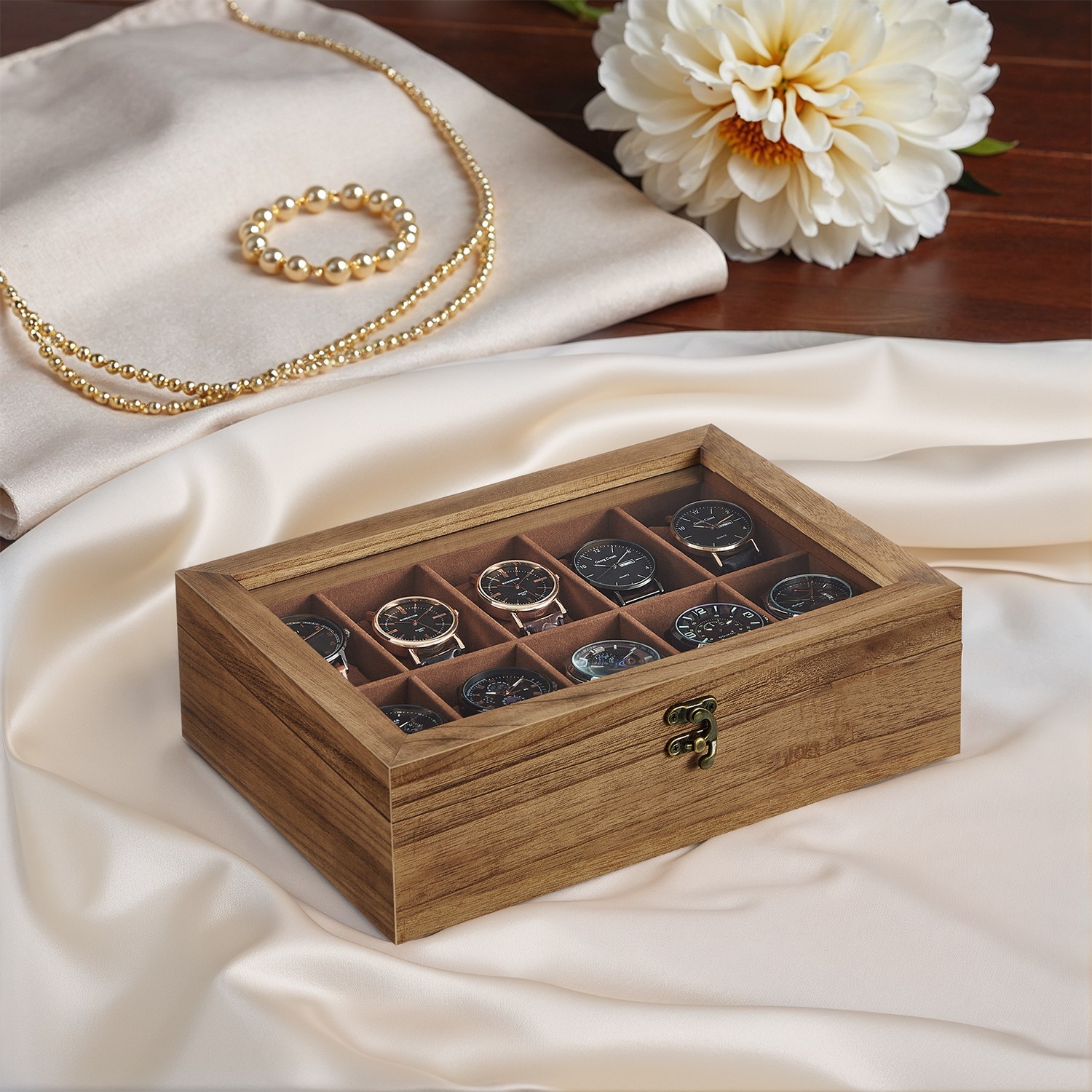 Watch Box - VERRIA 10 Slot Organizer Solid Wood Case with Glass Lid - Camel Brown - Indigo Home