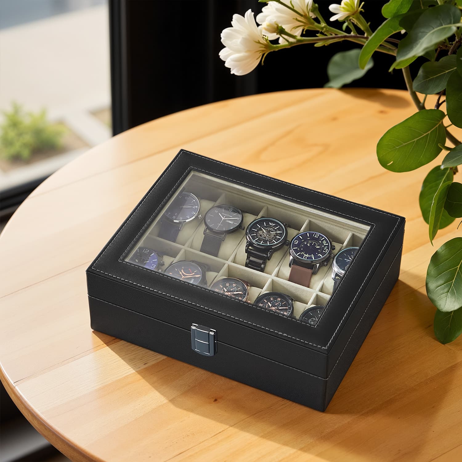 Watch Box - VERRIA 10 Slot Organizer Faux Leather Display Case with Glass Lid and Removable Pillows - Black - Indigo Home