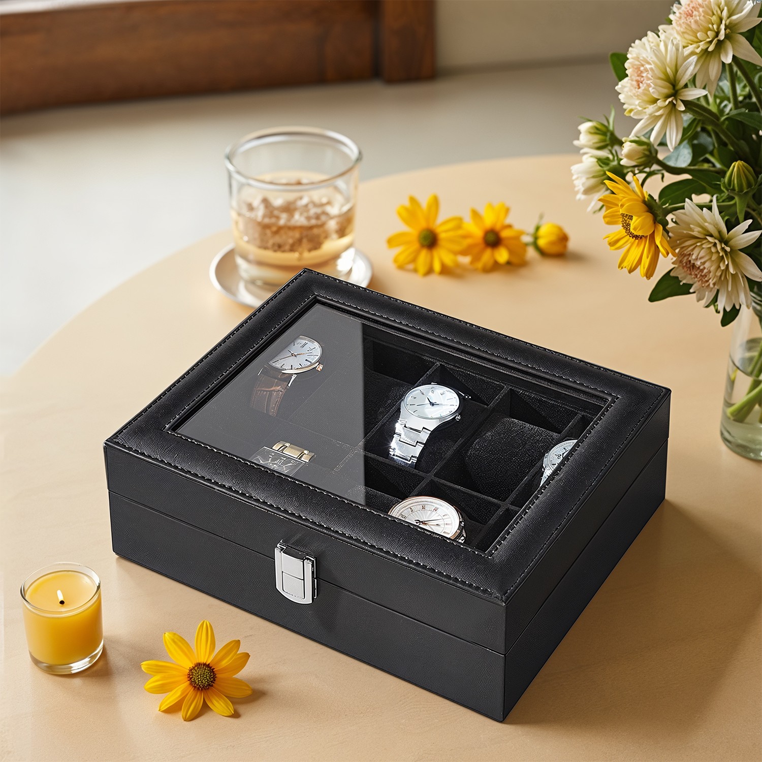 Watch Box - VERRIA 10 Slot Organizer Faux Leather Display Case with Glass Lid - Black - Indigo Home