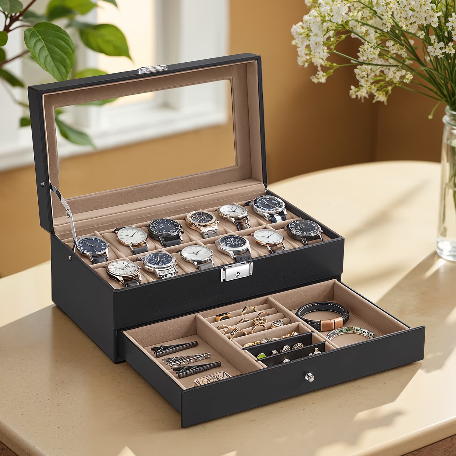 Watch Box - VERRIA 12 Slot Organizer Lockable Case with Glass Lid and Drawer - Beige - Indigo Home