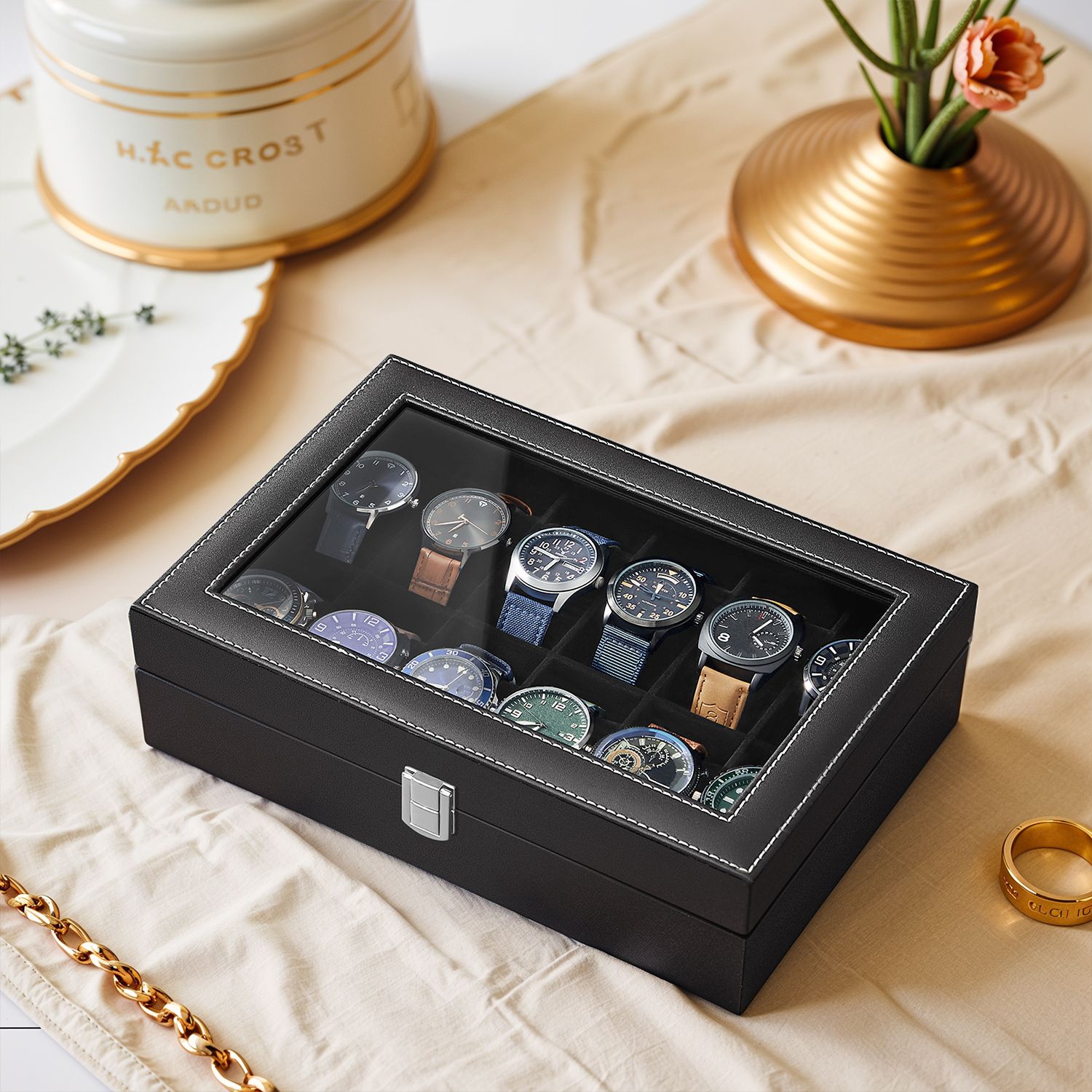 Watch Box - VERRIA 12 Slot Organizer Lockable Case with Glass Lid and Drawer - Black - Indigo Home