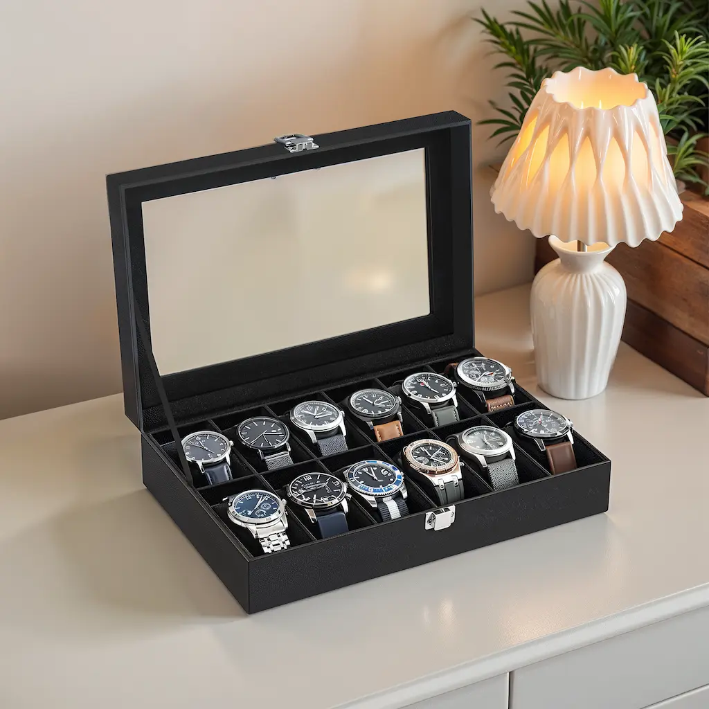 Watch Box - VERRIA 12 Slot Organizer Case with Glass Lid and Removable Pillow - Black - Indigo Home