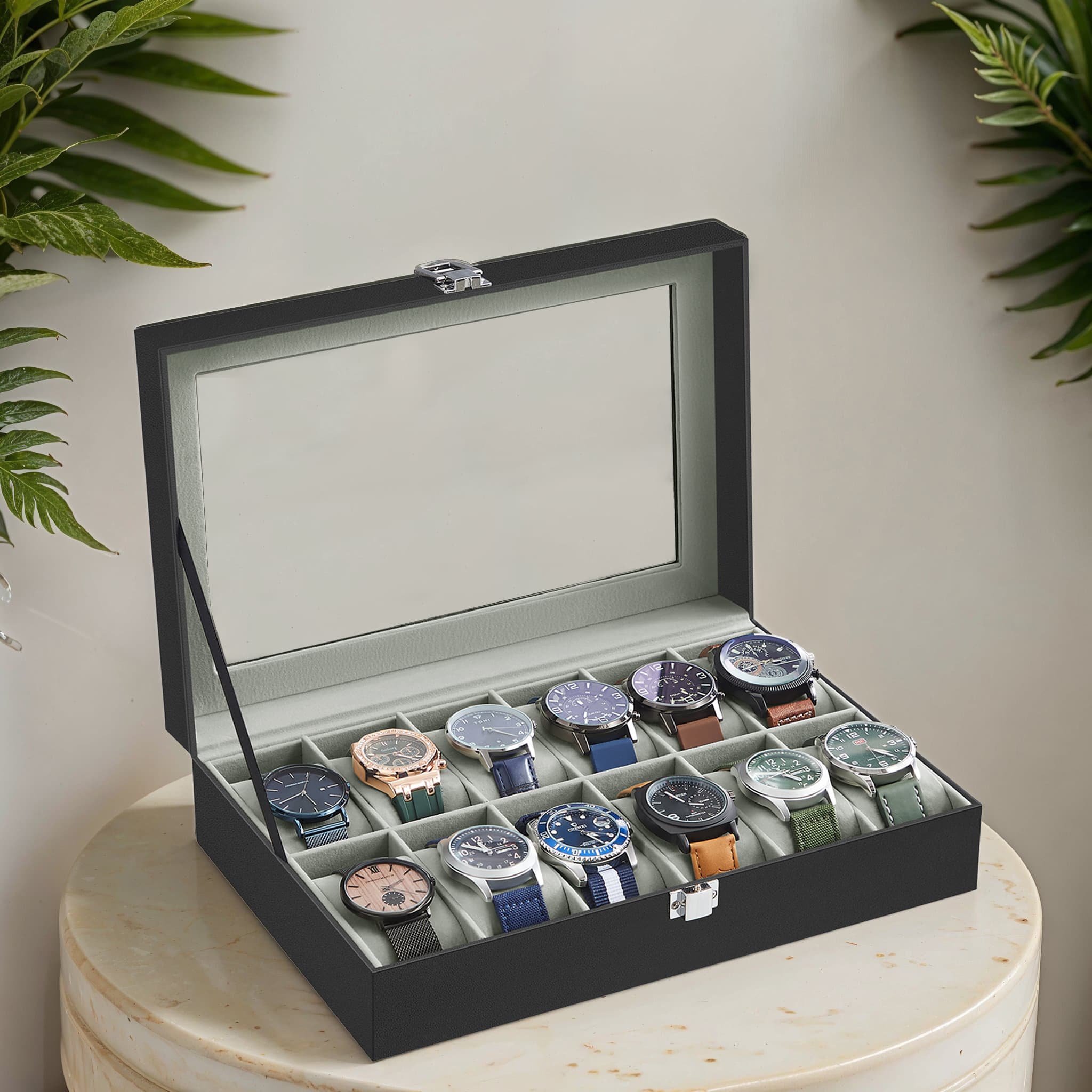 Watch Box - VERRIA 12 Slot Organizer Case with Glass Lid and Removable Pillow - Grey - Indigo Home