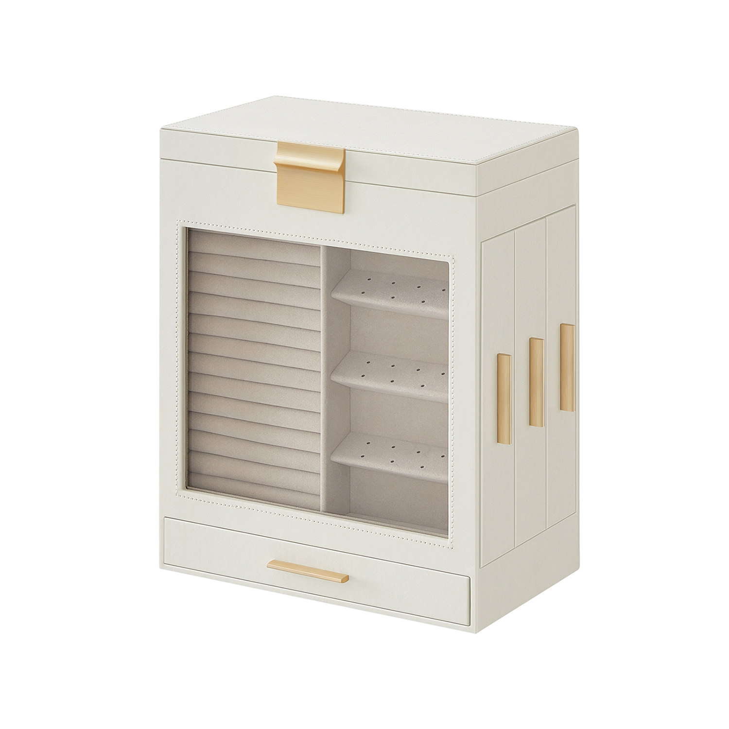 Jewellery Box with Glass Window, 5-Layer Jewellery Organiser with 3 Side Drawers, Jewellery Storage, with Vertical Storage Space, Big Mirror, Modern 