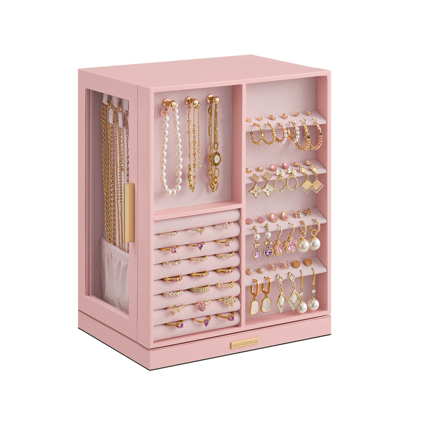 Jewellery Box - ARCVA Spin Rotating Organizer with 5 Drawers and Glass Window - Jelly Pink - Indigo Home
