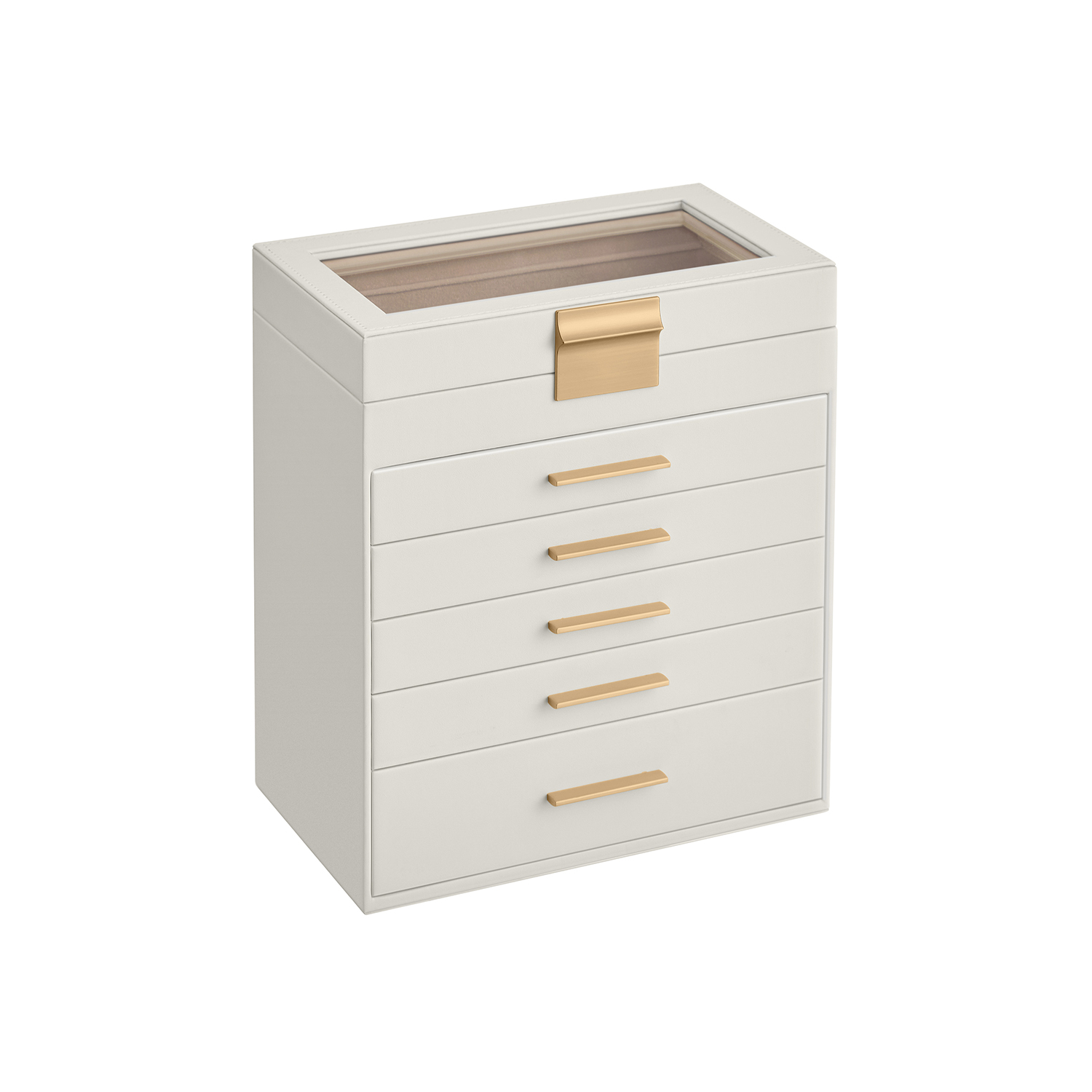 6-Tier Jewellery Box with Glass Lid Cloud White and Gold Colour - Indigo Home