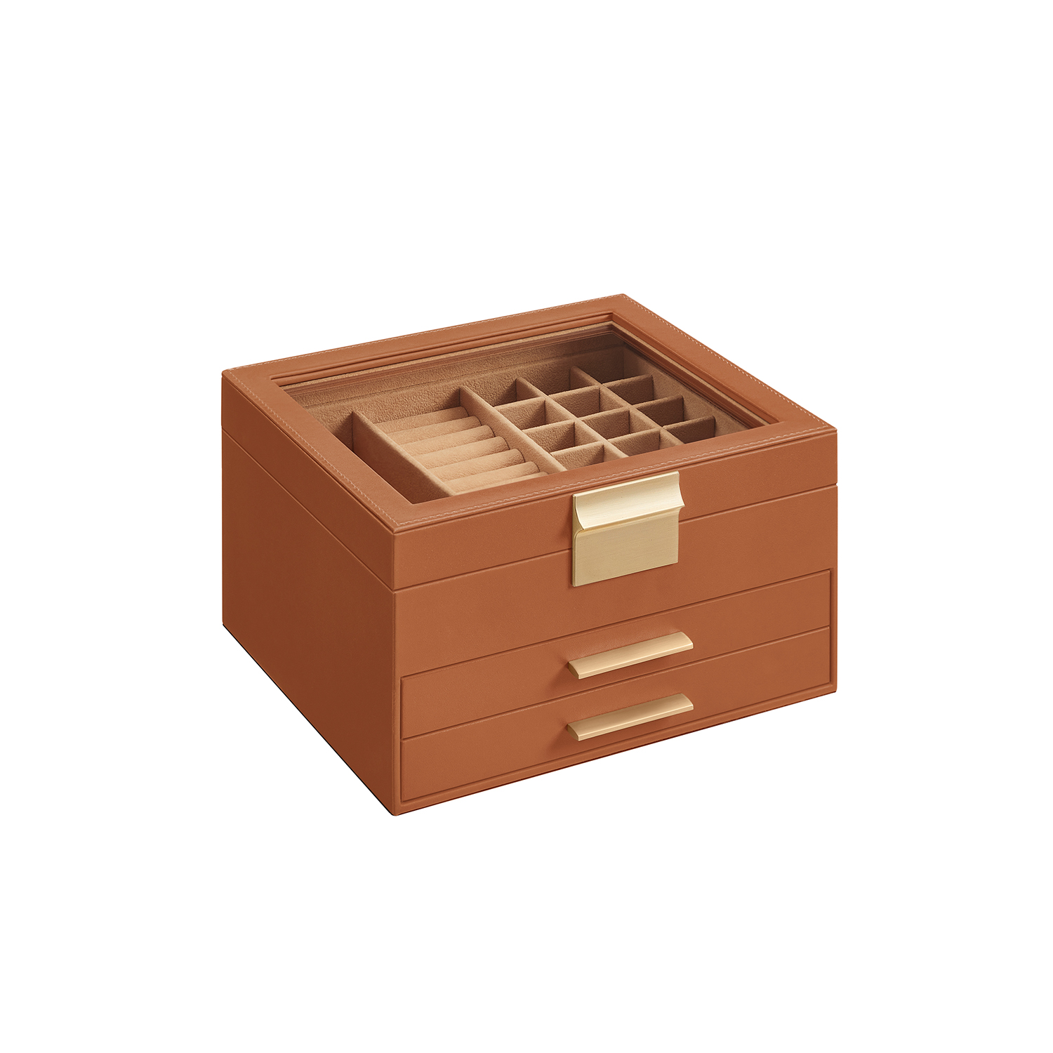 Jewellery Box - SOLNZA 3 Tier Organizer with Lid - Caramel Brown and Gold - Indigo Home