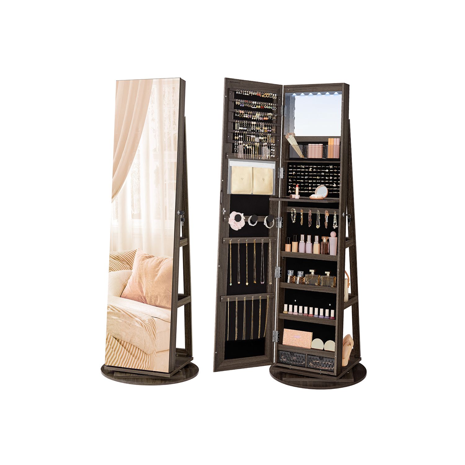 Jewellery Cabinet - VERRAE Mirror with 6 LED Ash Brown and Black - Indigo Home