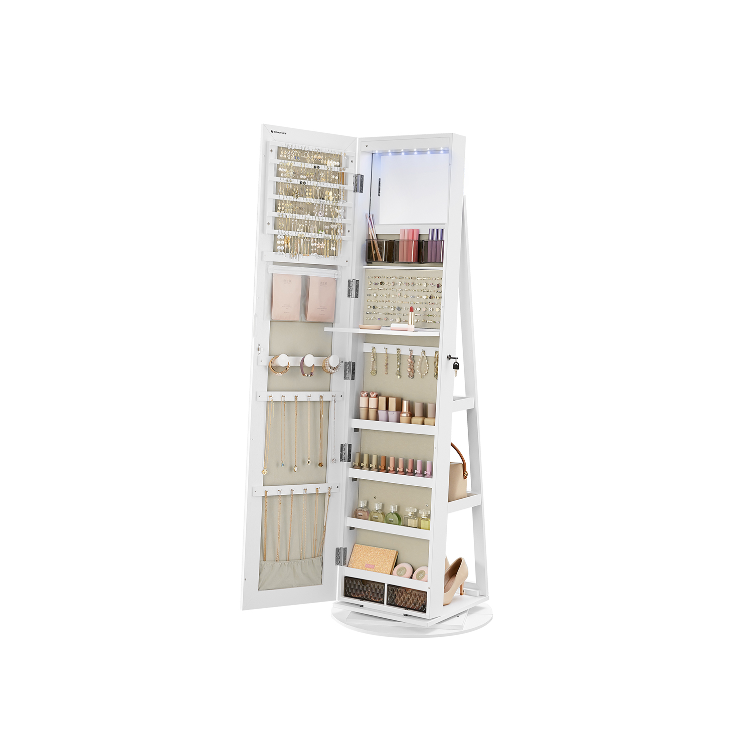 Jewellery Cabinet - VELNA Mirror with 6 LED Lights - White - Indigo Home