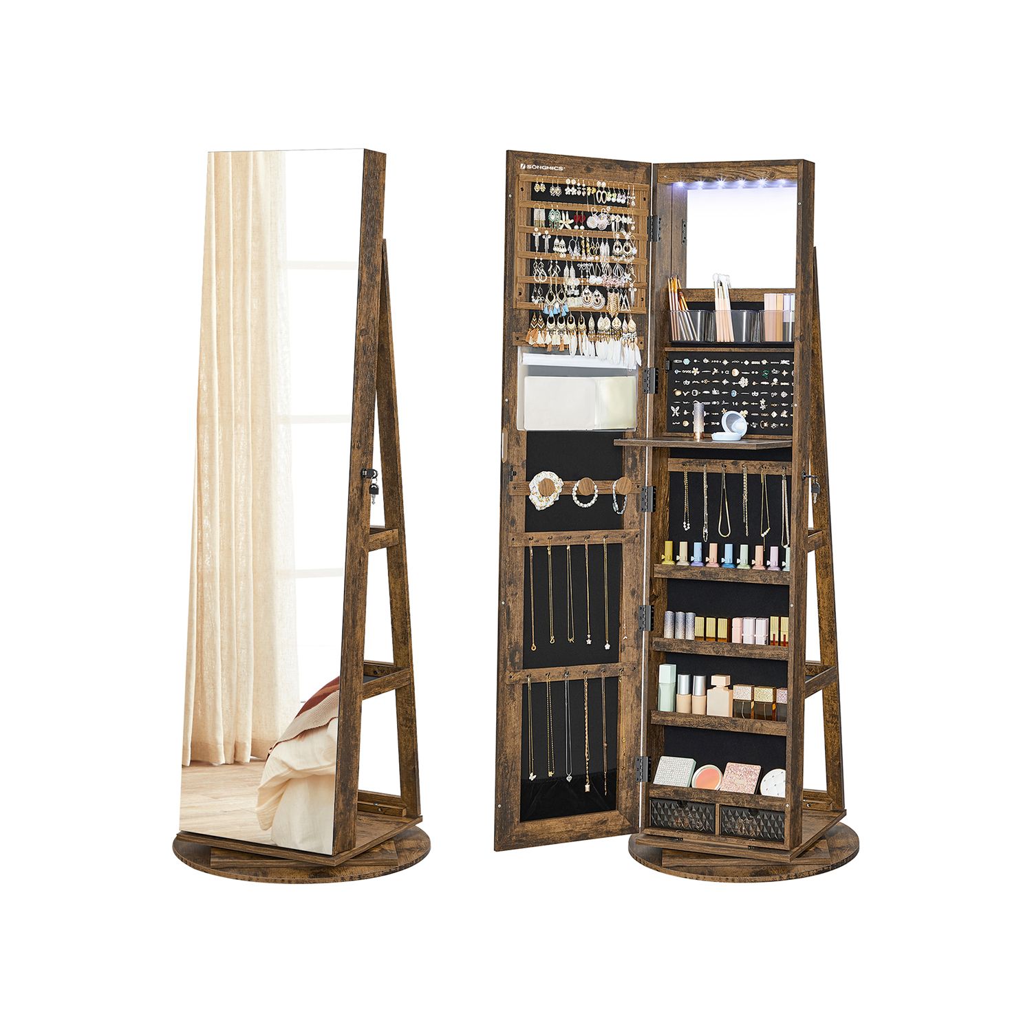 Rotating LED Mirror Jewelry Cabinet - Indigo Home
