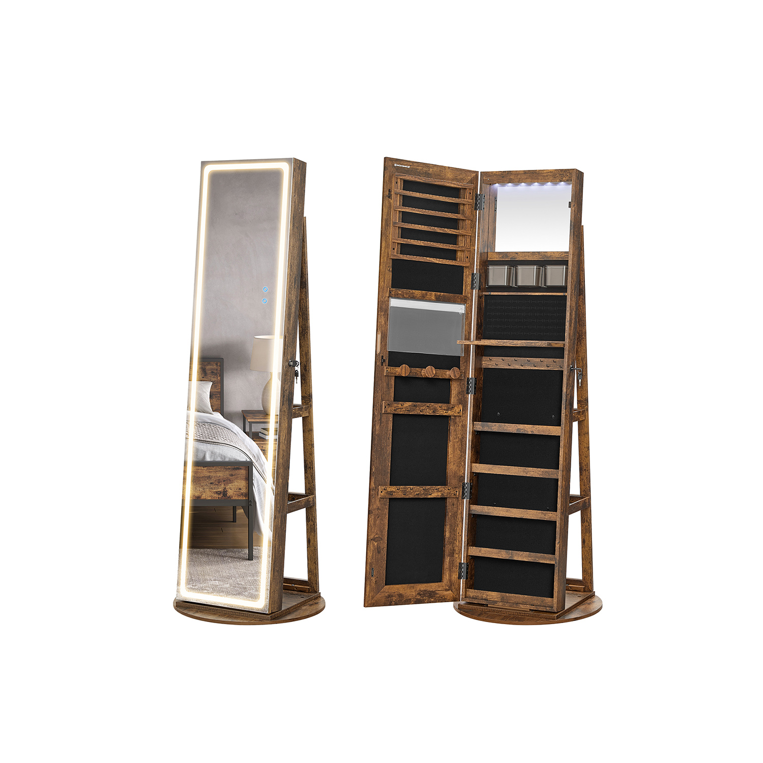 Jewellery Cabinet - VERRAE Mirror with LED Light Rustic Brown - Indigo Home