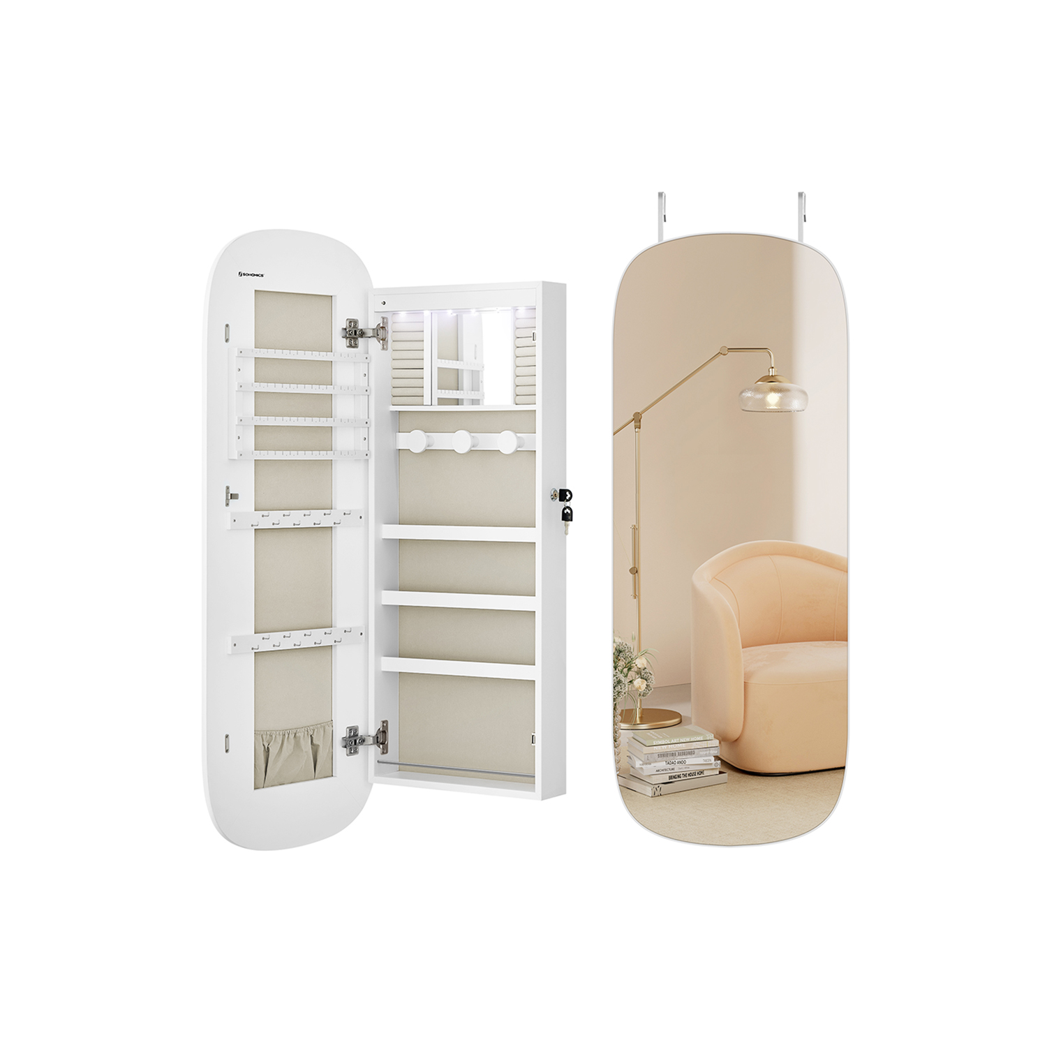 Jewellery Cabinet - VERRAE LED Mirror Jewellery Cabinet Wall Mounted - White - Indigo Home
