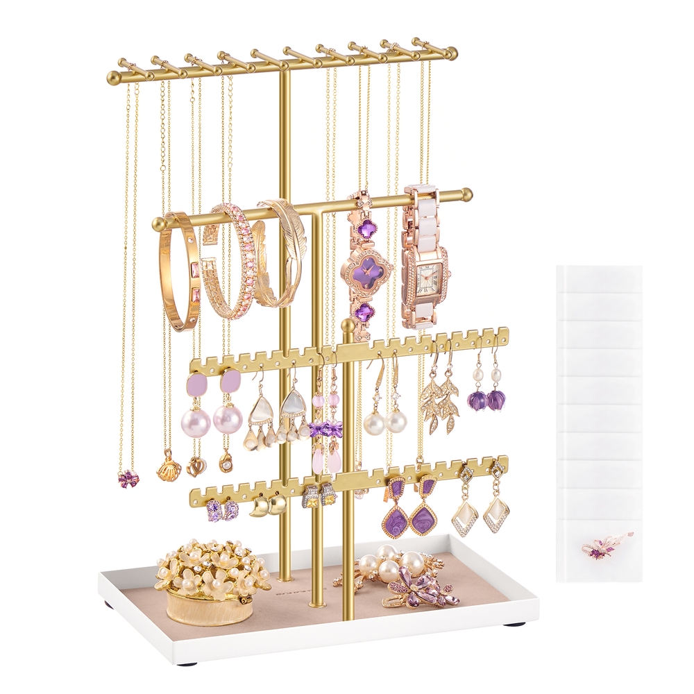 BRFYDO Jewellery Stand with Velvet Tray - Pale Gold - Indigo Home