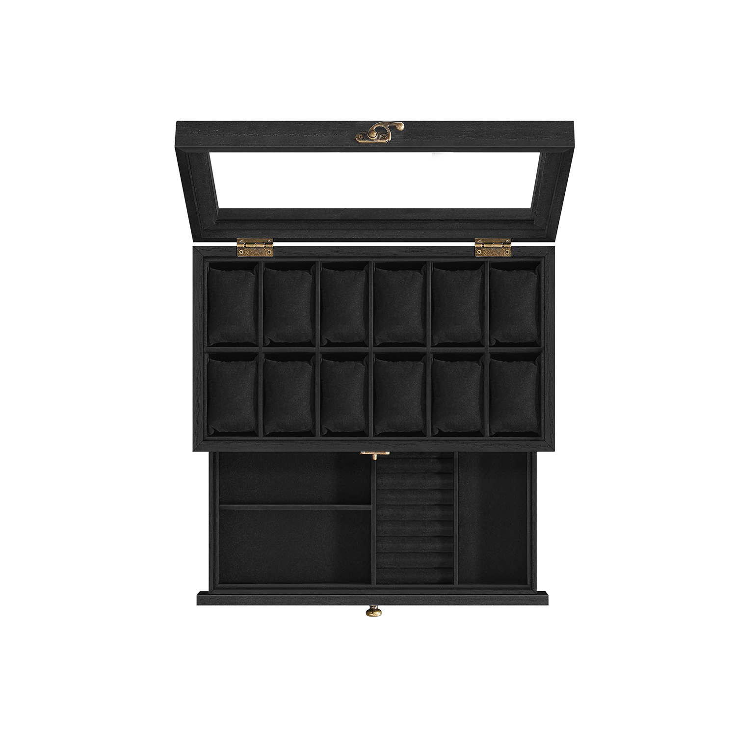 Watch Box - SERTA 2 Tier Wood Case with Glass Lid - Black - Indigo Home