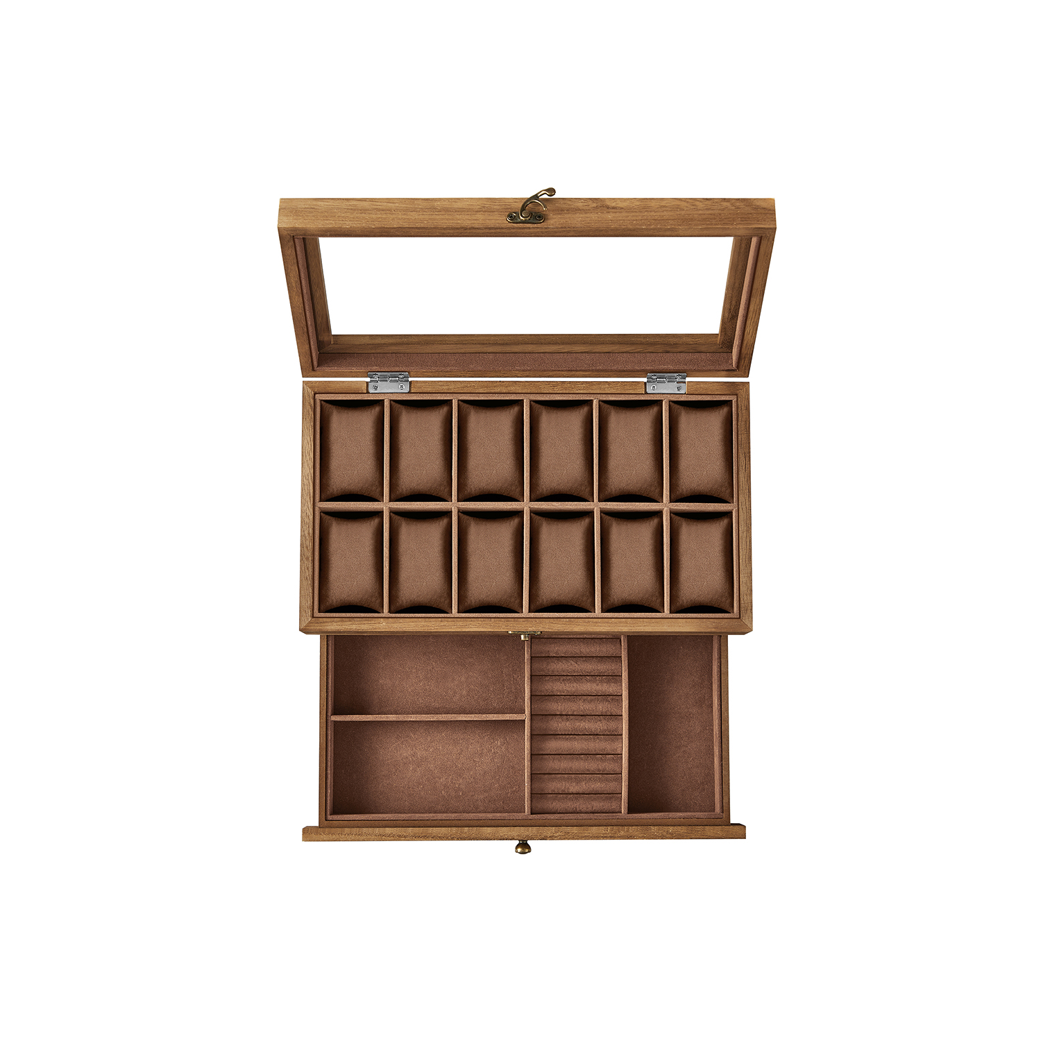 Watch Box with 12 Slots, 2-Tier Wood Watch Case with Large Glass Lid - Indigo Home