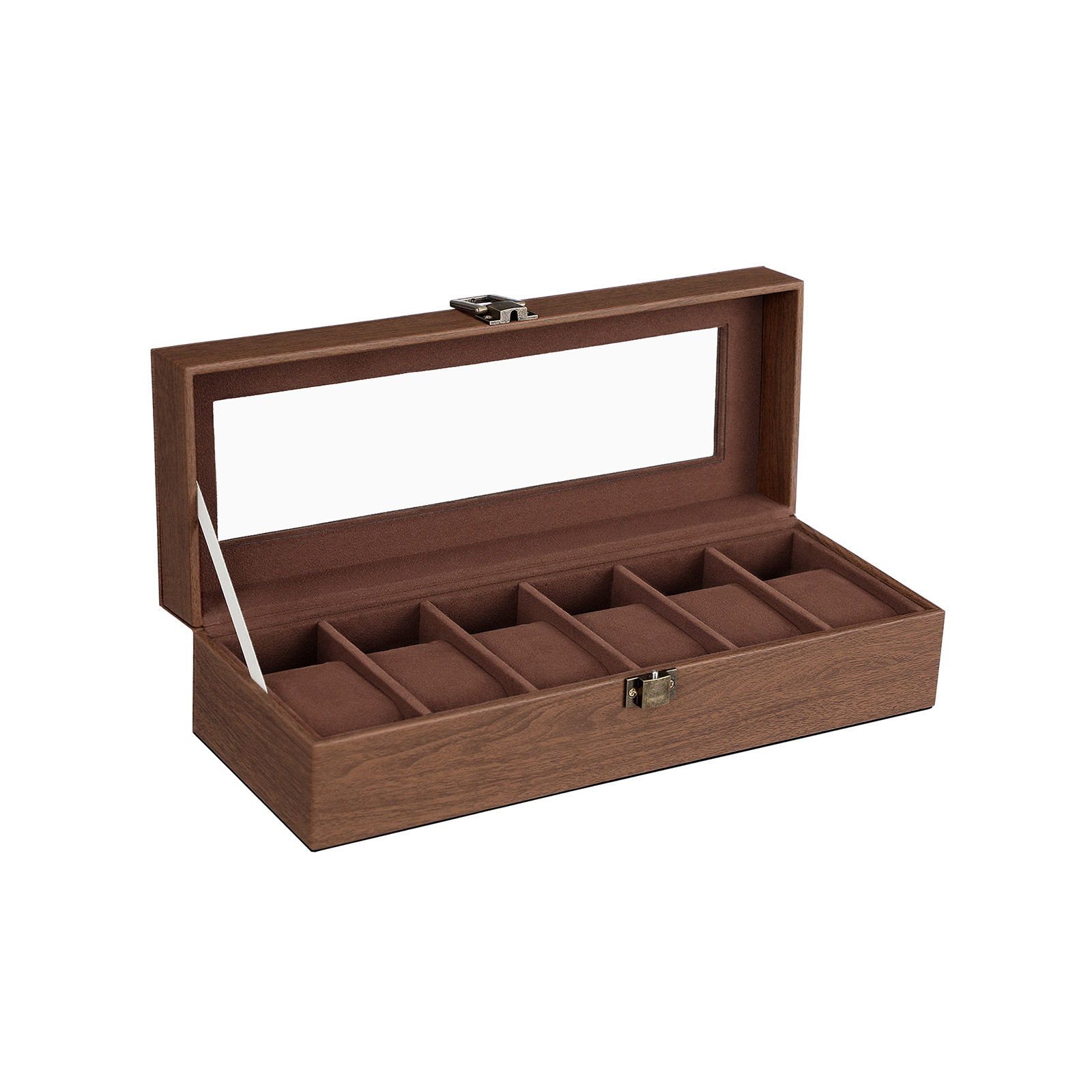 Watch Box - GRARIA 6 Slots Organizer with Glass Lid and Removable Pad - Camel Brown - Indigo Home