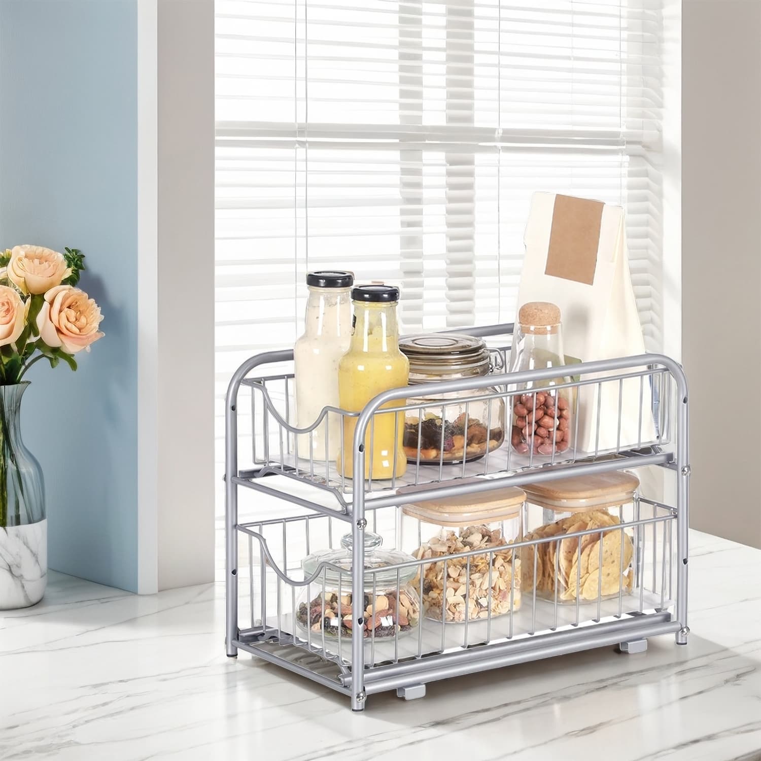 Under Sink Organizer - FINTTO 2 Tier Sliding Basket Organizer - Silver - Indigo Home