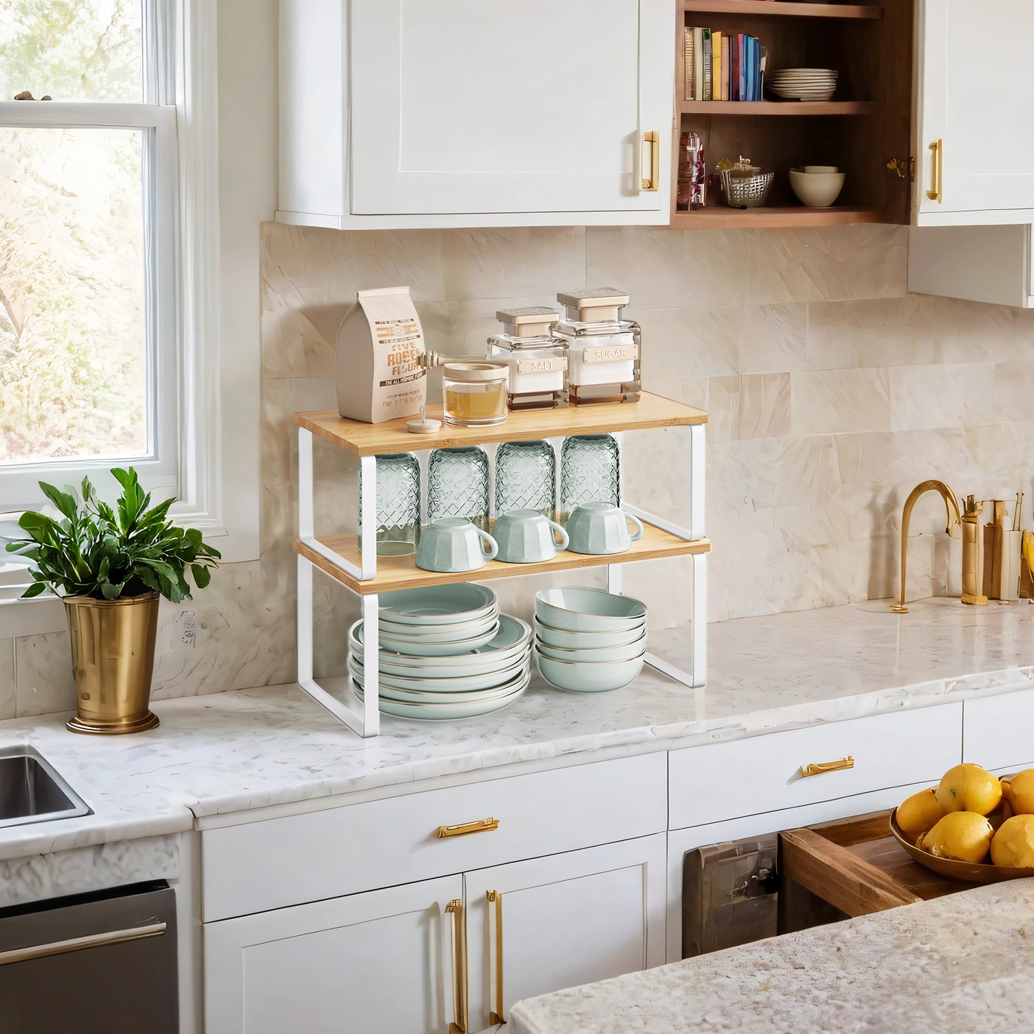 Cabinet Organizer - FINTTO Cabinet Organizer Set of 2 Kitchen Counter Storage - Oak White - Indigo Home