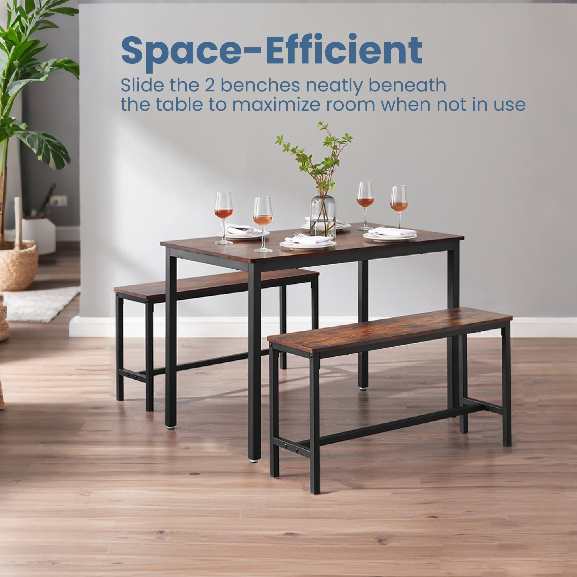Dining Table Set - FINTTO Rustic Farmhouse Dining Set with 2 Benches - Rustic Brown - Indigo Home