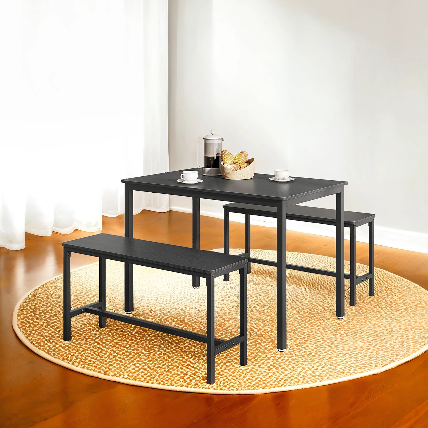 Dining Table Set - FINTTO 3-Piece Dining Set with 2 Benches - Black - Indigo Home