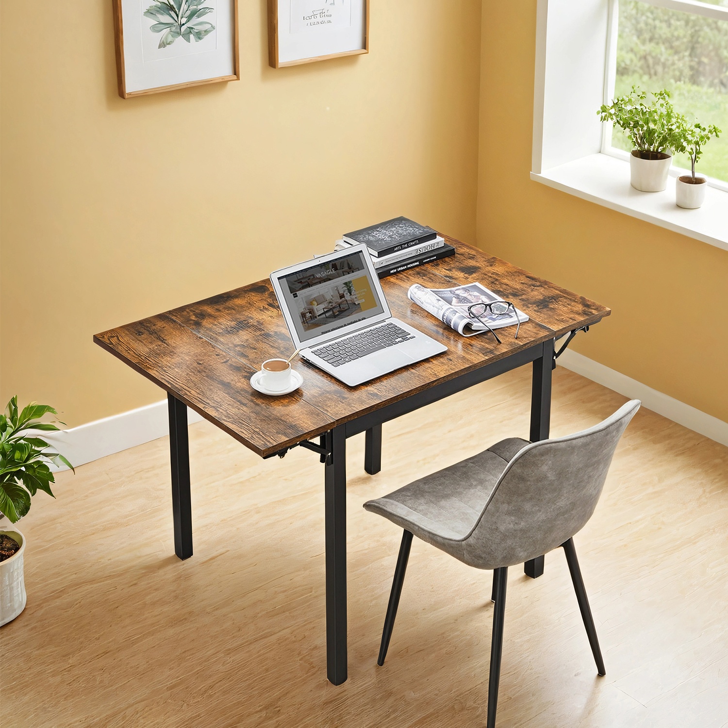 Dining Table - FINTTO Folding Drop Leaf Extendable Seats 2-4 - Brown - Indigo Home