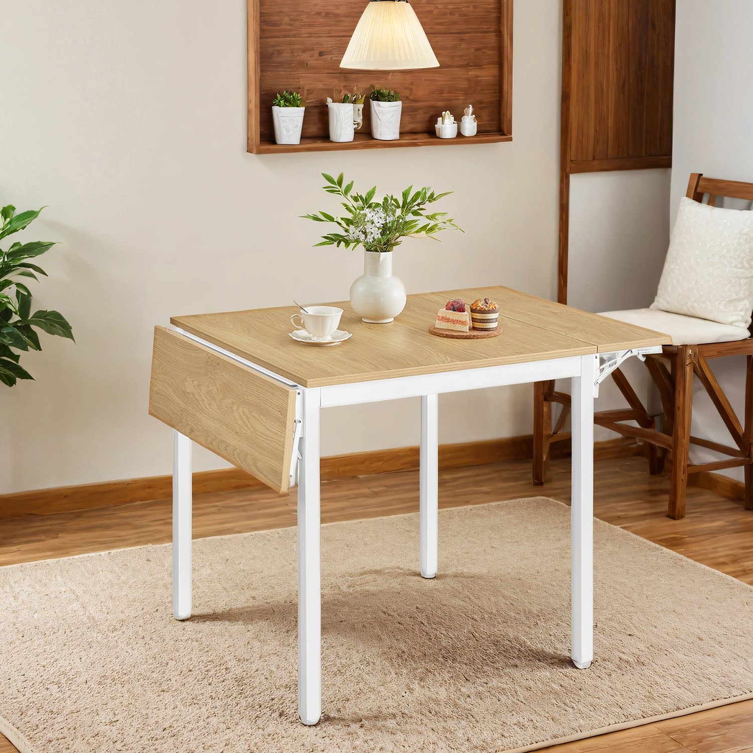 Dining Table - FINTTO Folding Drop Leaf Extendable Small Space - Oak - Indigo Home
