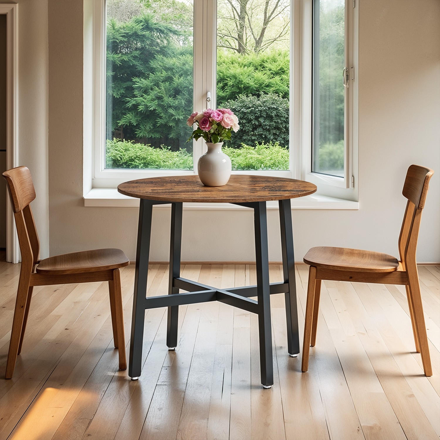 Dining Table - FINTTO Round Kitchen Table with Wooden Legs - Brown - Indigo Home