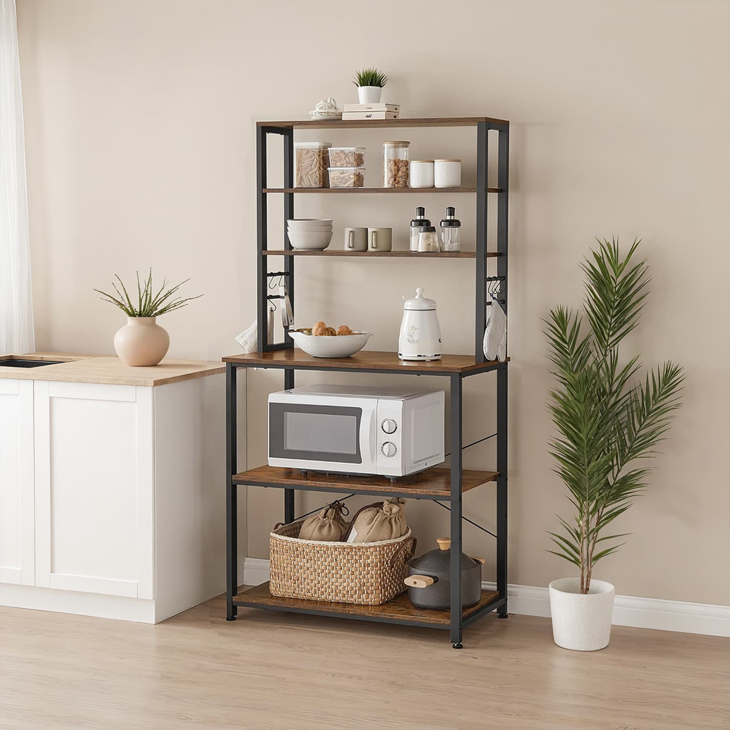 Baker Rack - FINTTO Kitchen Coffee Bar with 6 Shelves and 6 Hooks - Black - Indigo Home