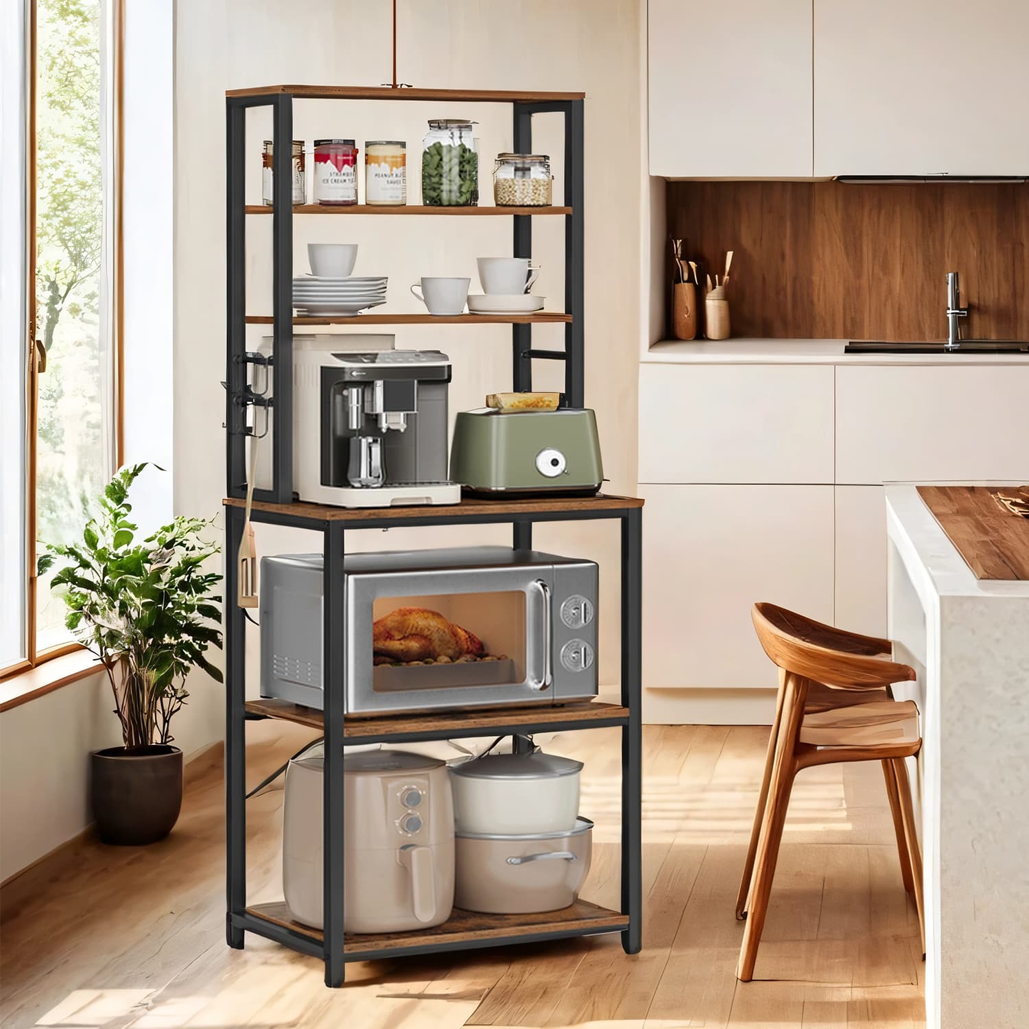 Baker Rack - FINTTO 6 Tier Coffee Bar with Storage and Hooks - Black - Indigo Home