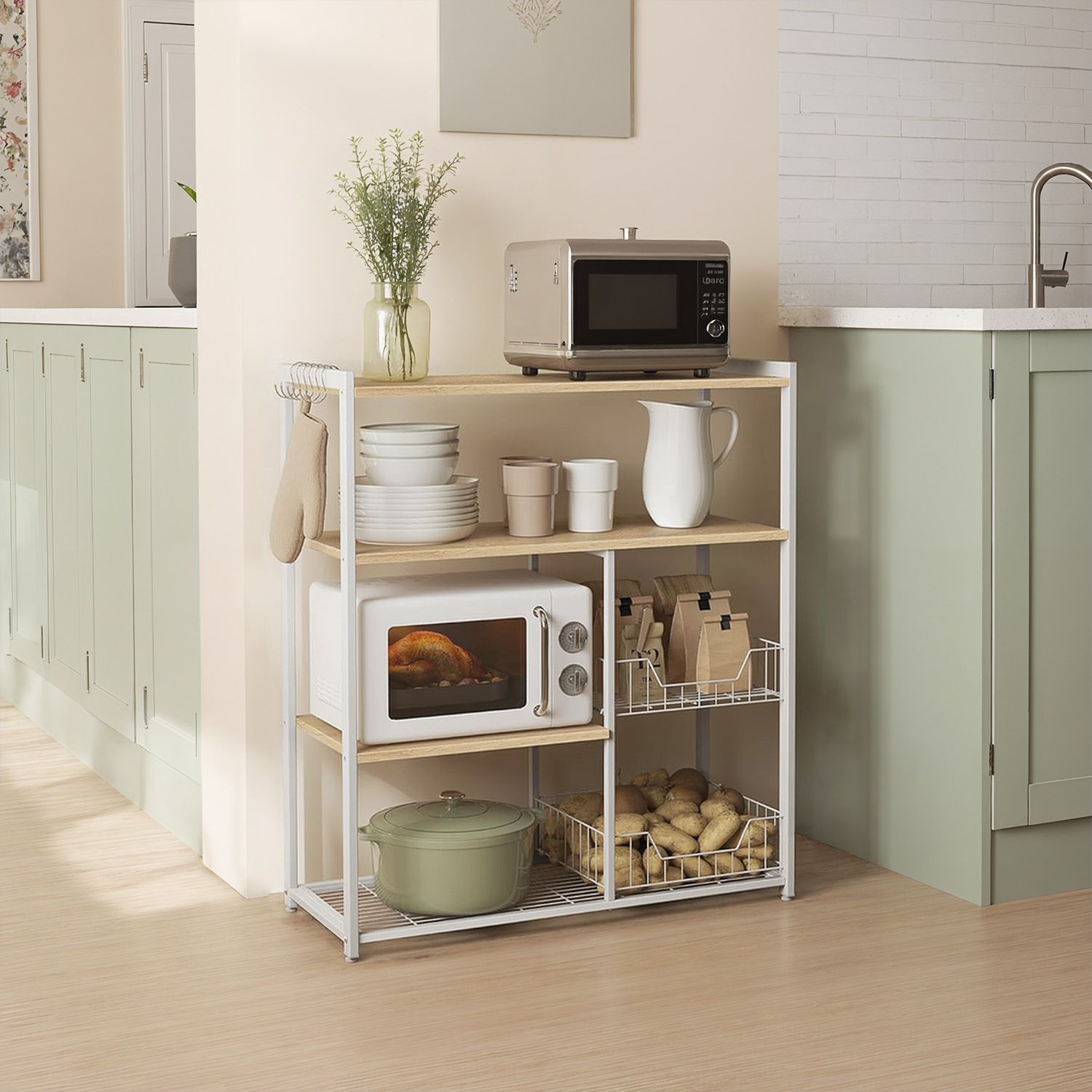 Baker Rack - FINTTO Kitchen Storage Shelf with 2 Baskets and Hook - Walnut Brown and White - Indigo Home