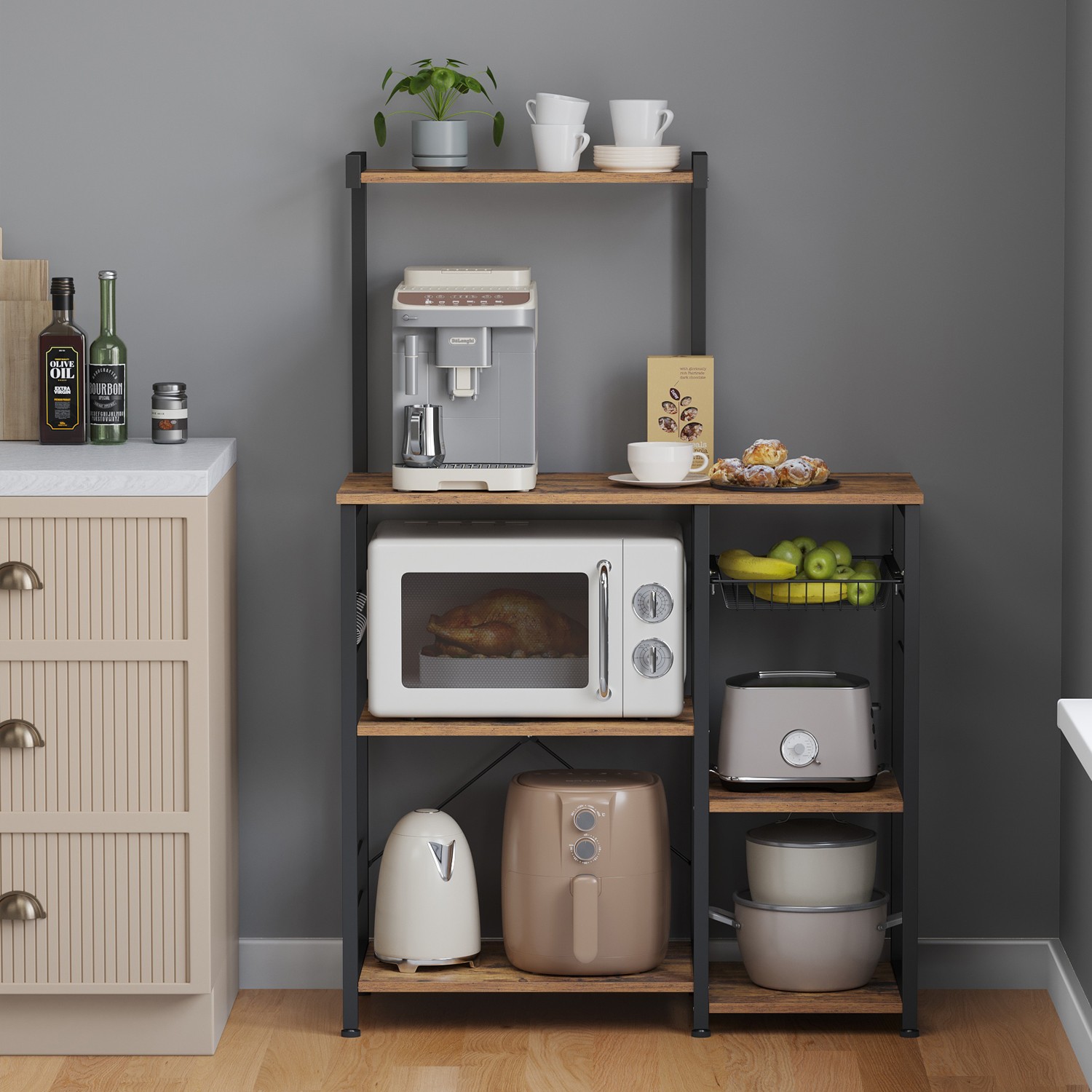 Baker Rack - FINTTO Coffee Bar Kitchen Storage Shelf with Wire Basket - Black - Indigo Home